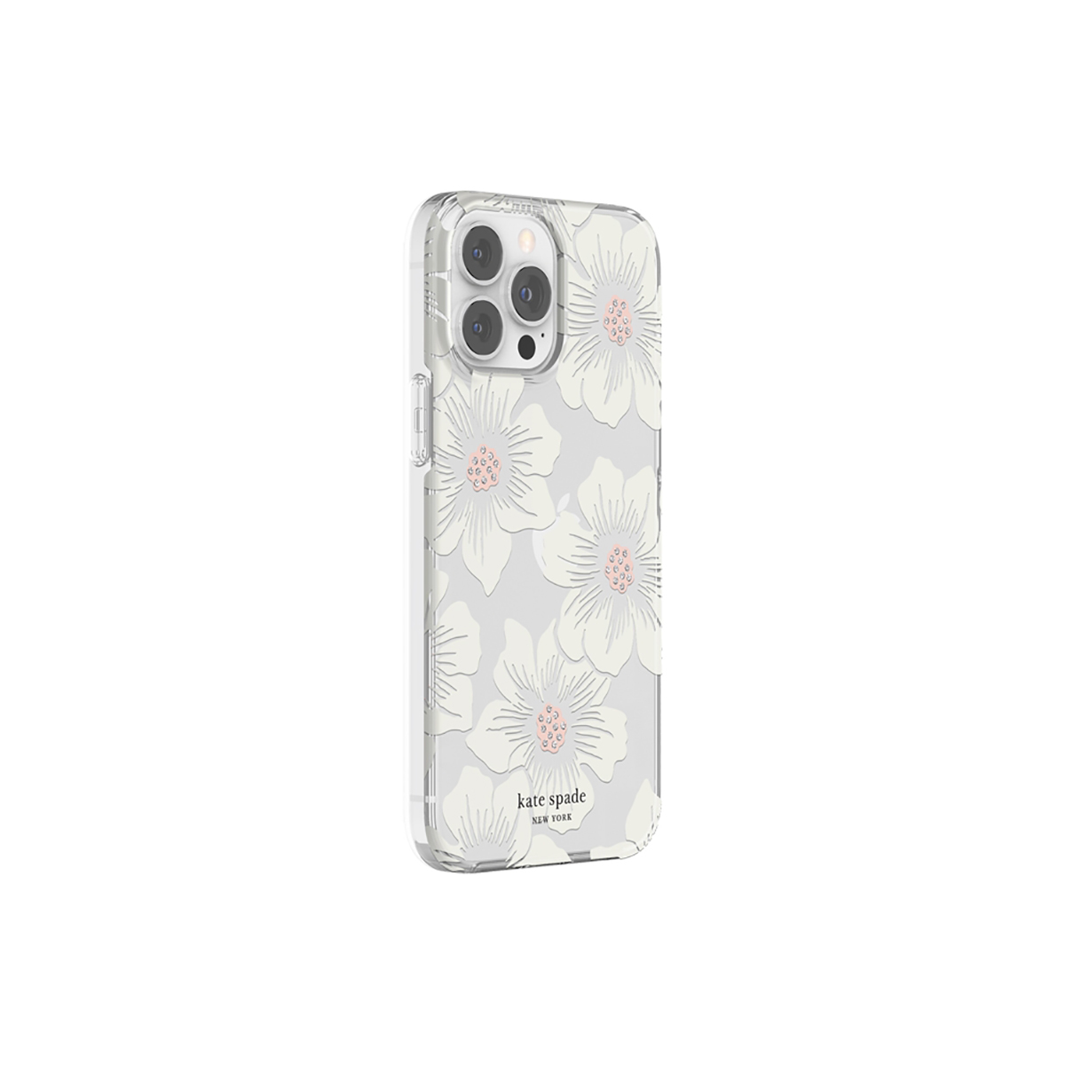 Custodia trasparente per telefono con design floreale bianco. Marchio Kate Spade. Sfondo bianco.