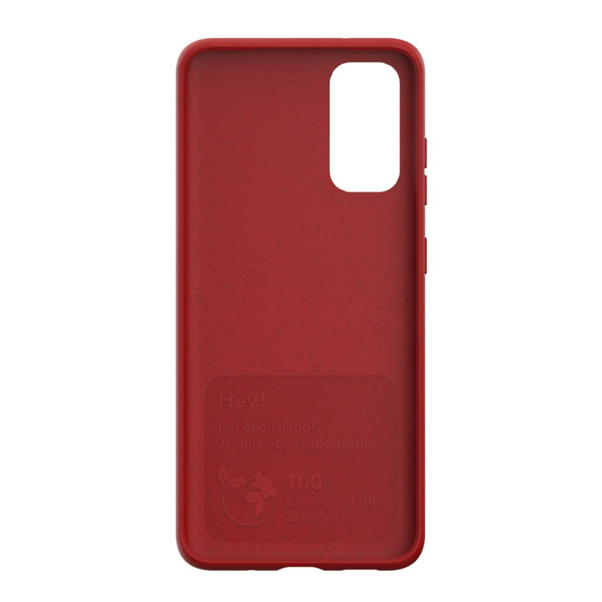 Custodia rossa per telefono con etichette eco-compatibili. Include testo in inglese e francese.