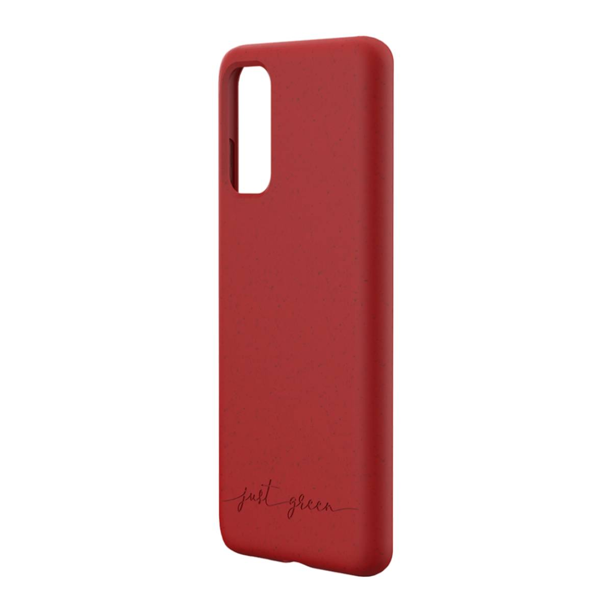 Custodia rossa con testo 'just green'. Ha un ritaglio per la fotocamera.
