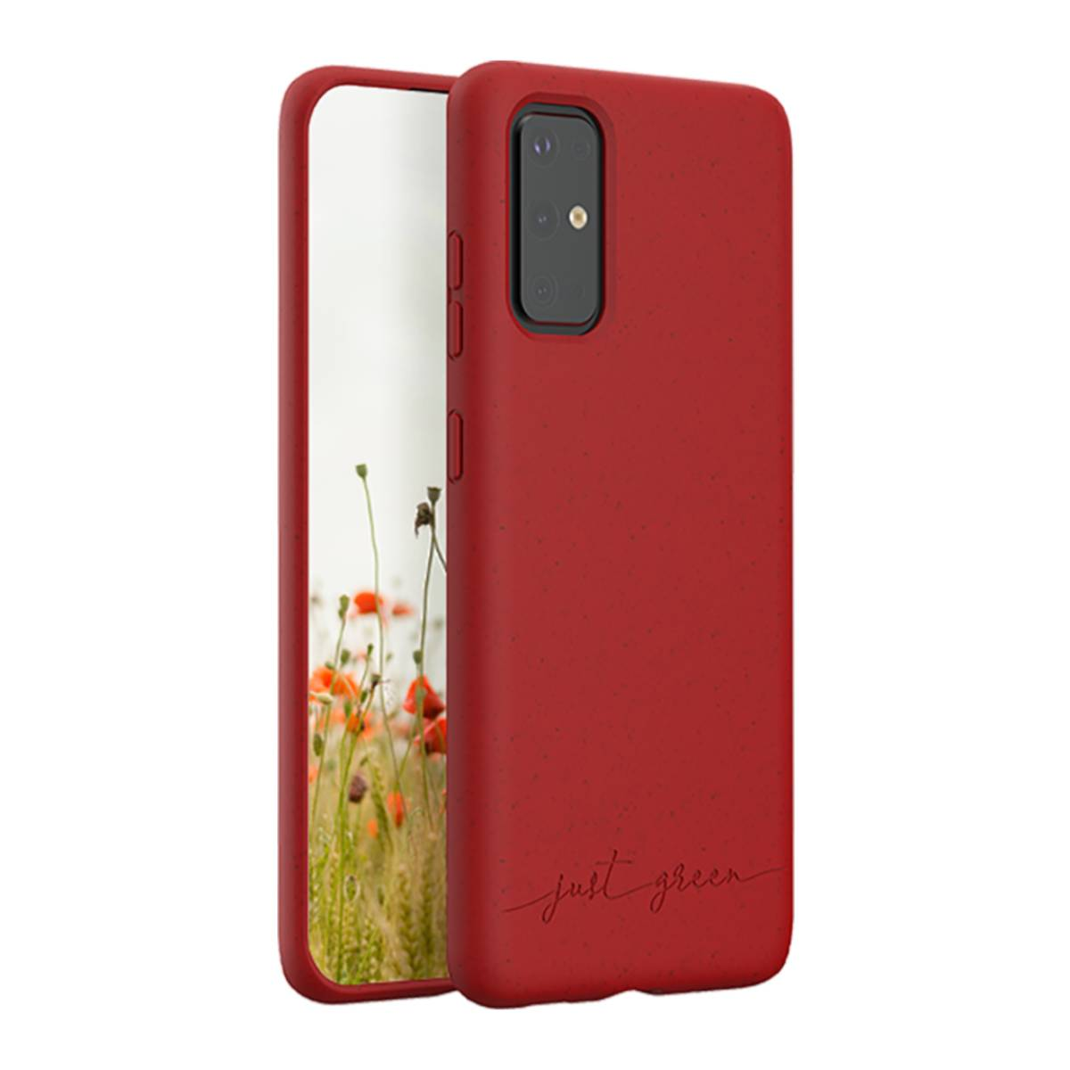 Custodia rossa con fiori. Testo just green. Telefono nero dentro. Colore semplice.