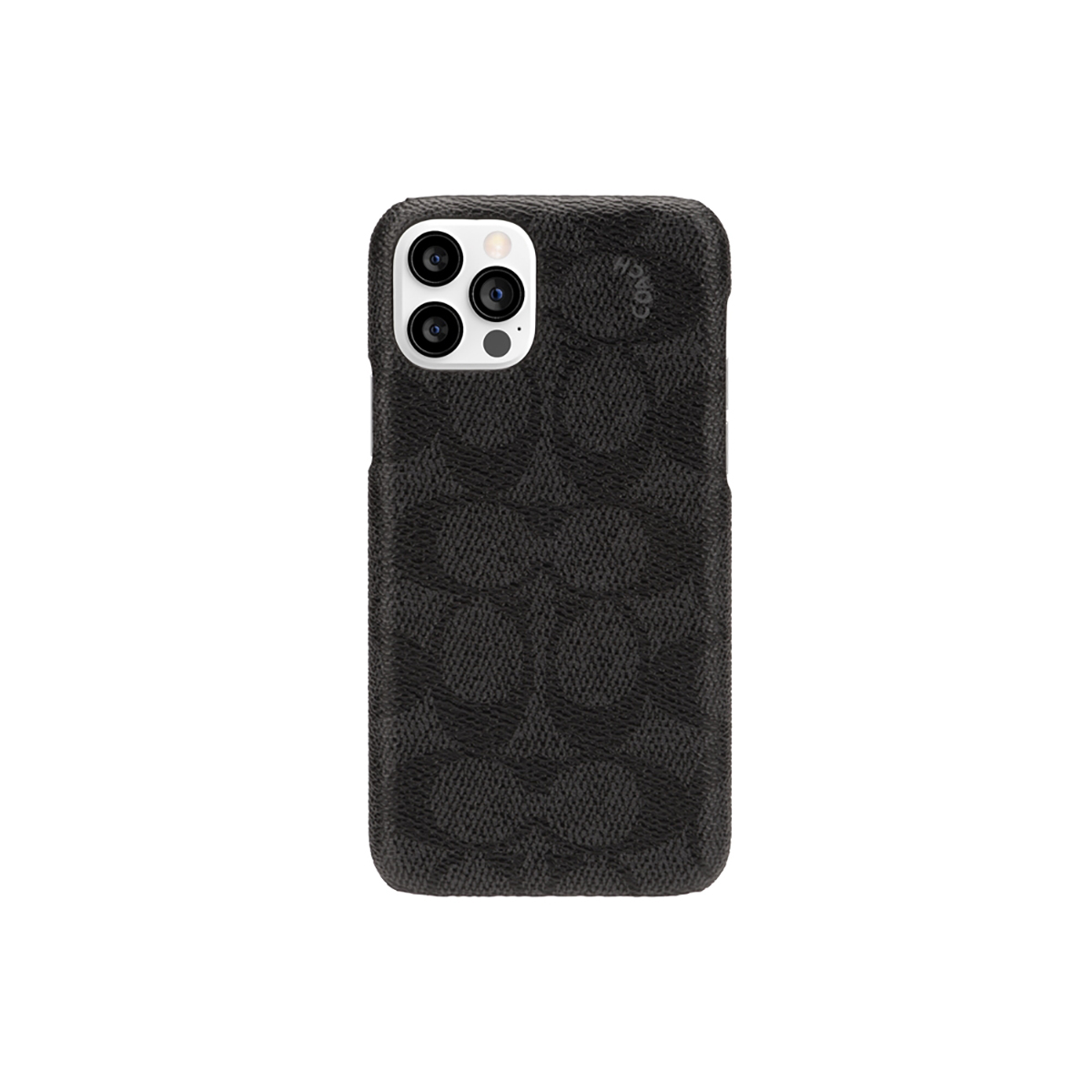 Custodia nera fantasia con ritagli per fotocamera e logo Coach su sfondo bianco.