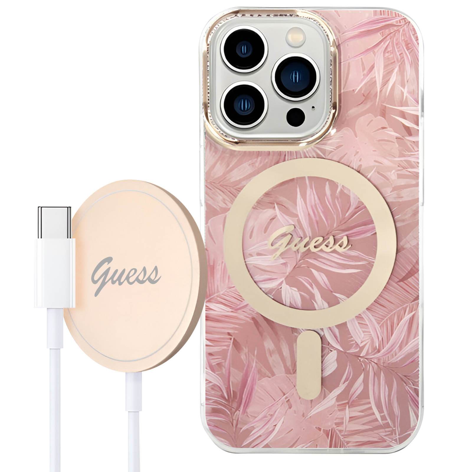 Eine Handyhülle mit rosa Blättern, ein Ladepad und ein Kabel. Auf dem Ladepad und der Hülle steht 'Guess'.