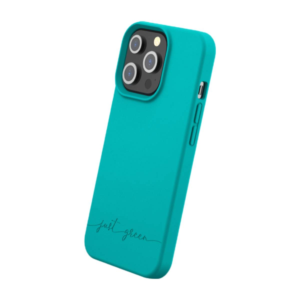 Custodia per telefono verde acqua con tre obiettivi e la scritta 'just green'.