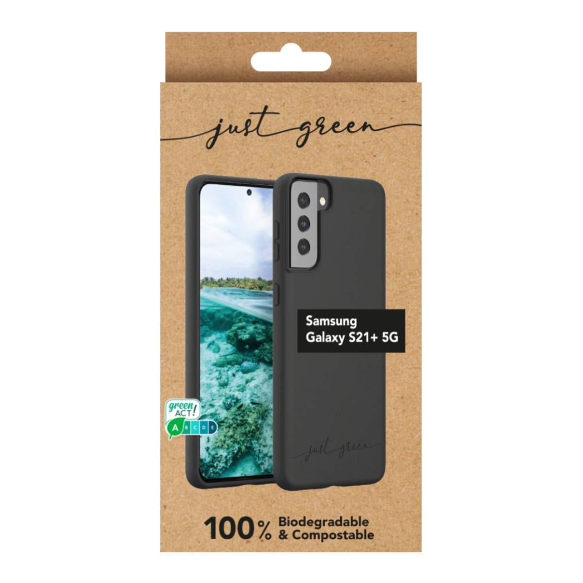 Custodia nera per telefono in una scatola di cartone. Presenta il marchio 'just green' ed è per un telefono Samsung Galaxy.