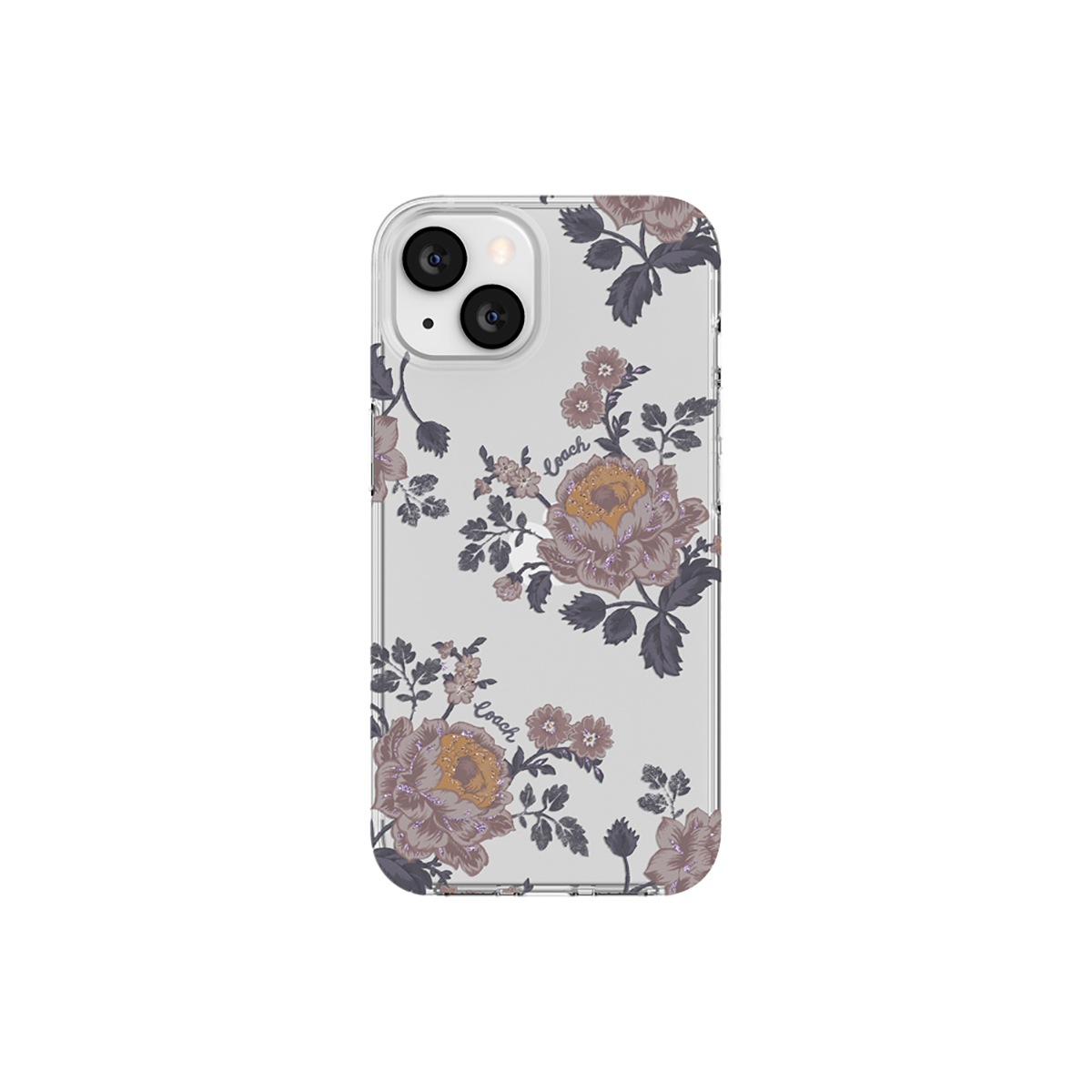 Custodia trasparente con motivo floreale. Fiori viola e gialli su sfondo bianco.