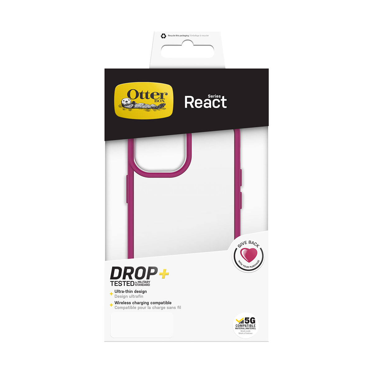 Confezione della custodia Otterbox. Custodia bianca e rosa, con testo 'DROP+' e 'Ultra-thin'.