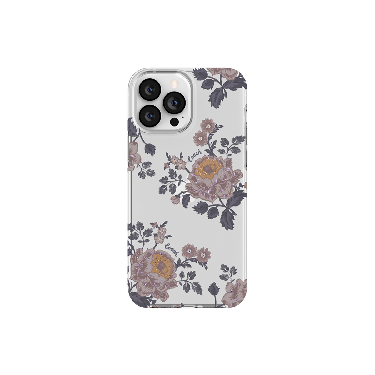 Una custodia per telefono con un design floreale è mostrata. Lo sfondo è bianco.