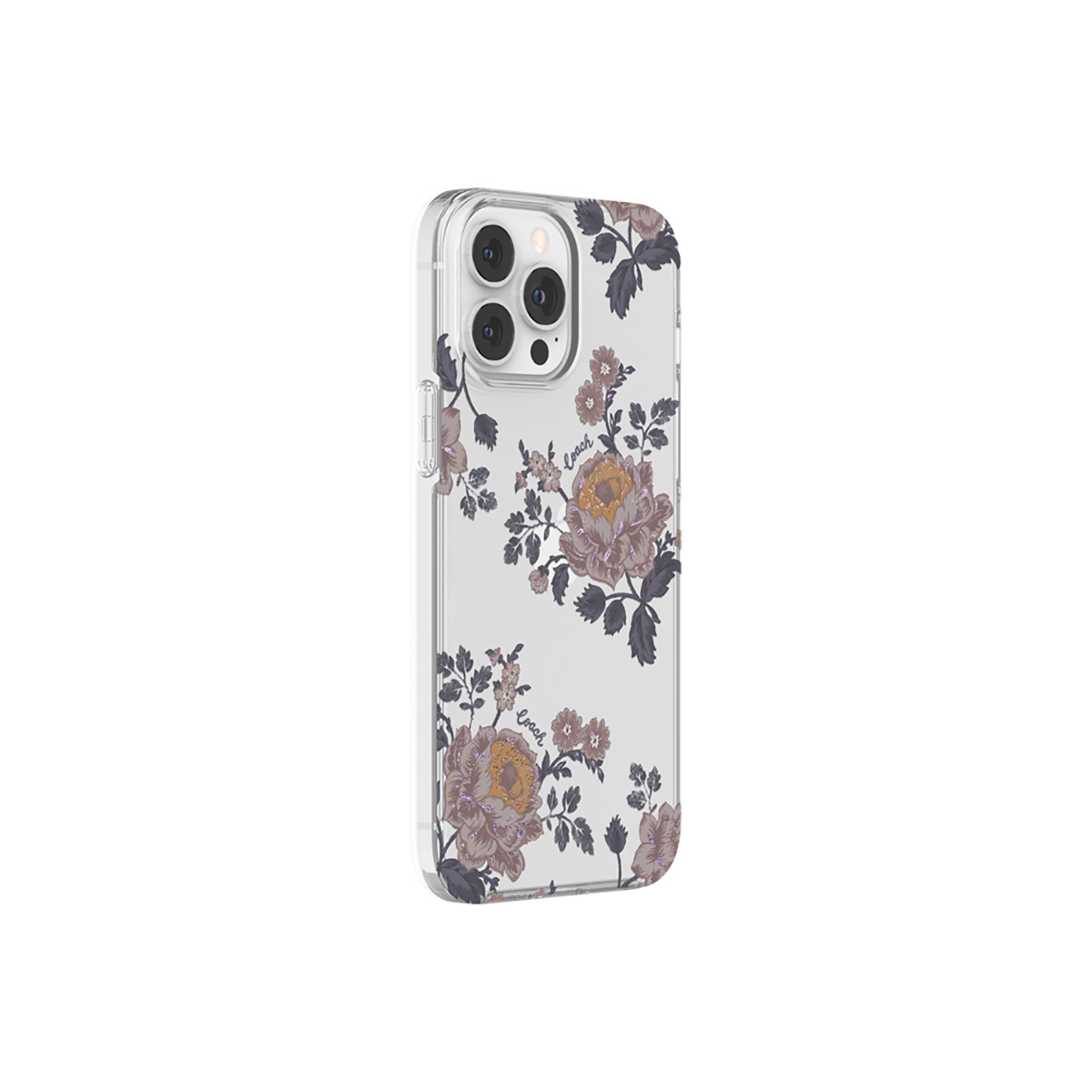 Custodia trasparente con motivo floreale con fiori viola e gialli. Su sfondo bianco.