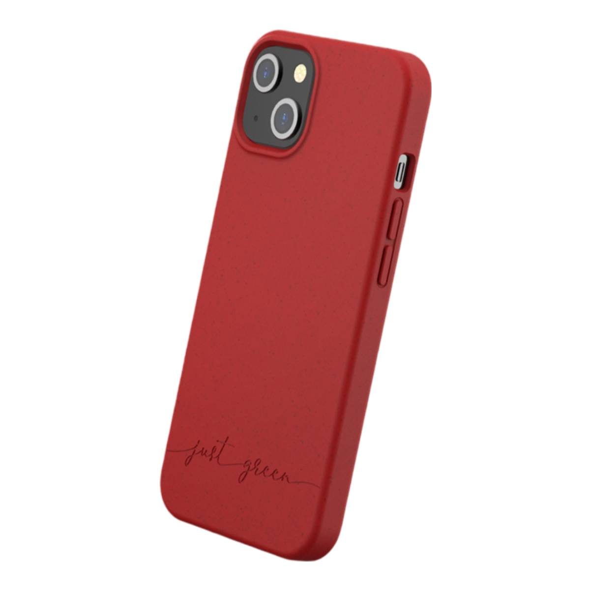 Custodia rossa. La custodia è rossa con le parole 'just green' in basso. Il telefono è dentro.