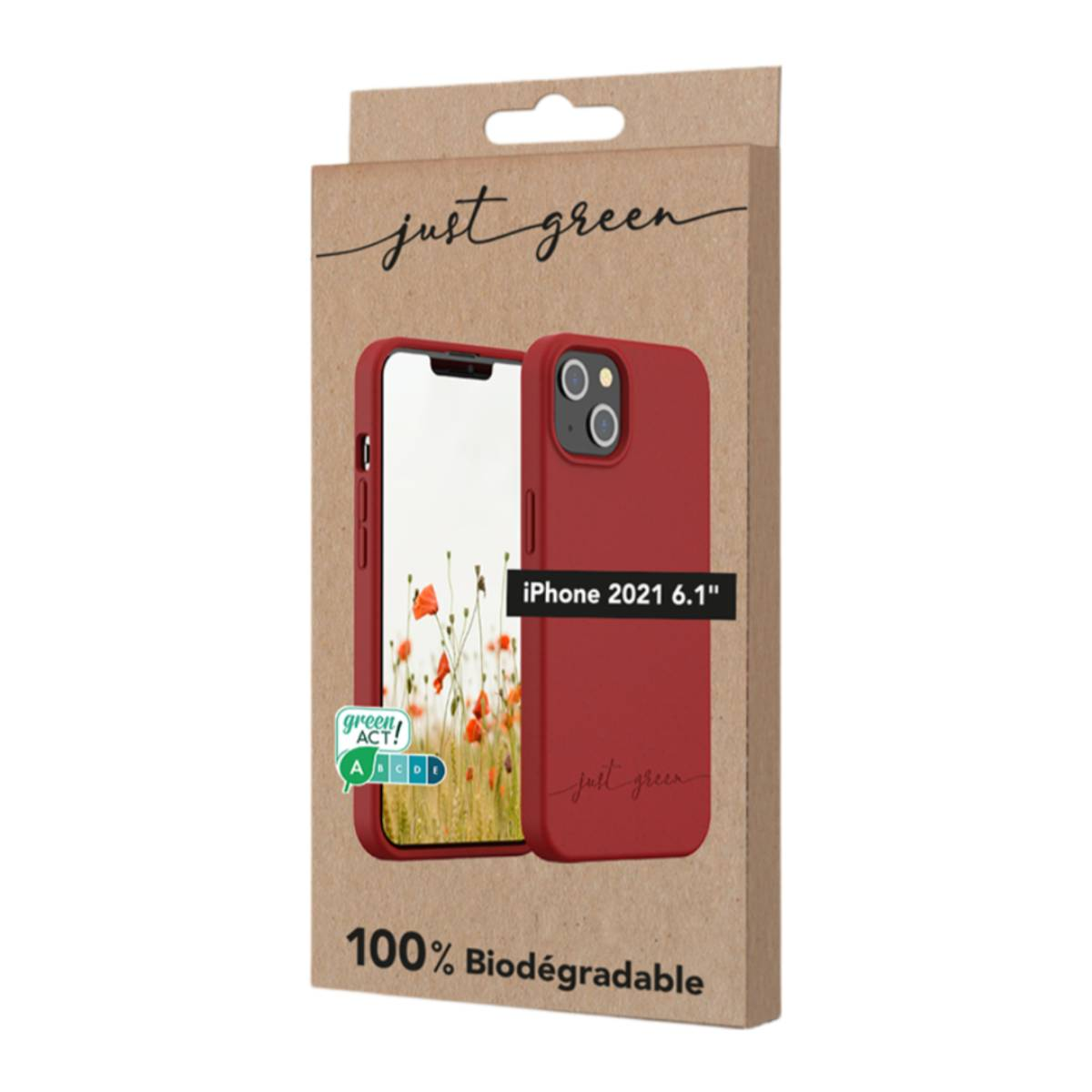 Custodia rossa per telefono con una scatola che dice “iPhone 2021 6.1” e “100% biodegradabile”.