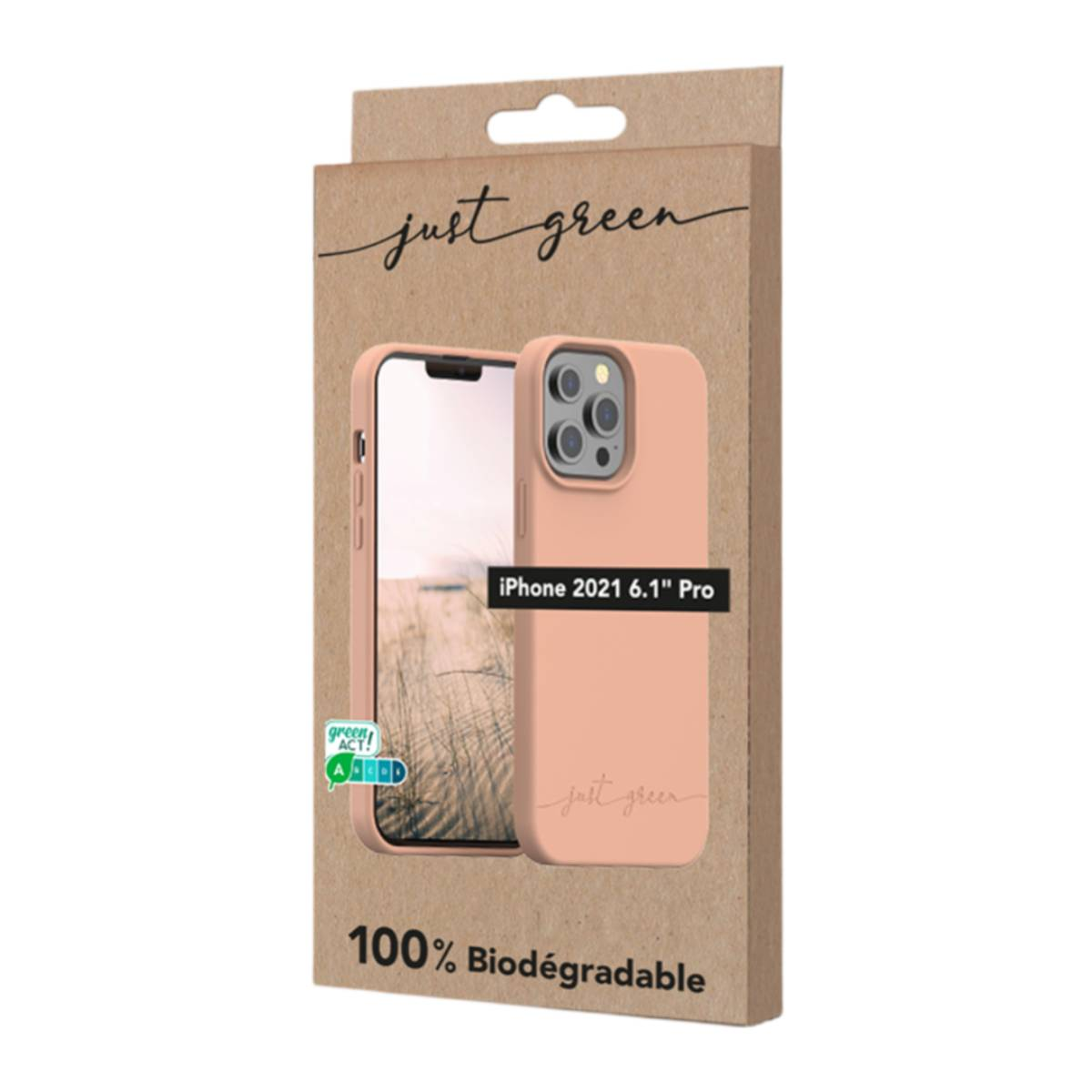 Handyhülle in einer Box. Auf der Box steht 'iPhone 2021 6.1" Pro' und '100% Biodegradable'.