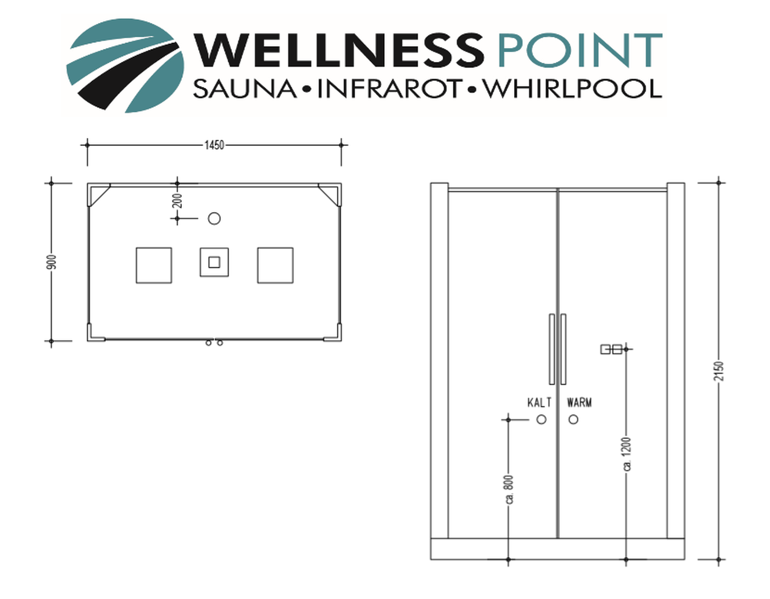 Blaupause mit Sauna- und Duschmaßen. Text enthält 'WELLNESS POINT' und Messungen.