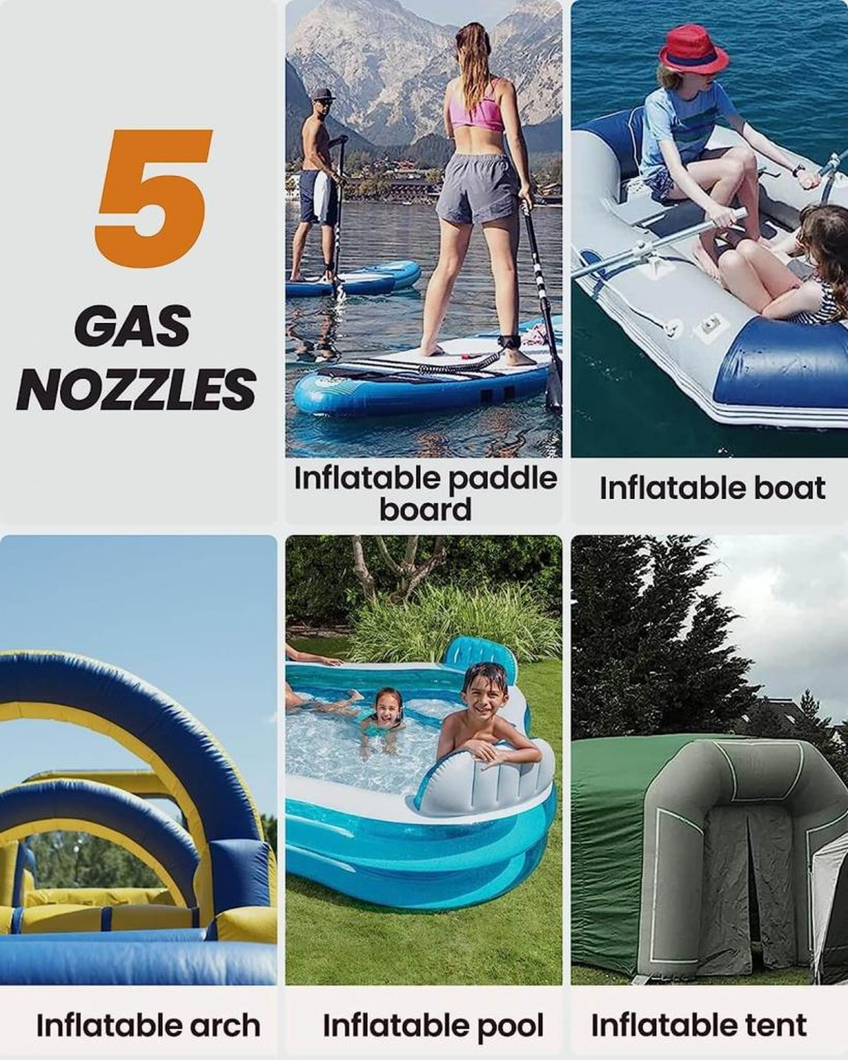 Bild mit Text '5 Gasdüsen' und Fotos von aufblasbaren Paddelbrettern, Boot, Bogen, Pool und Zelt.