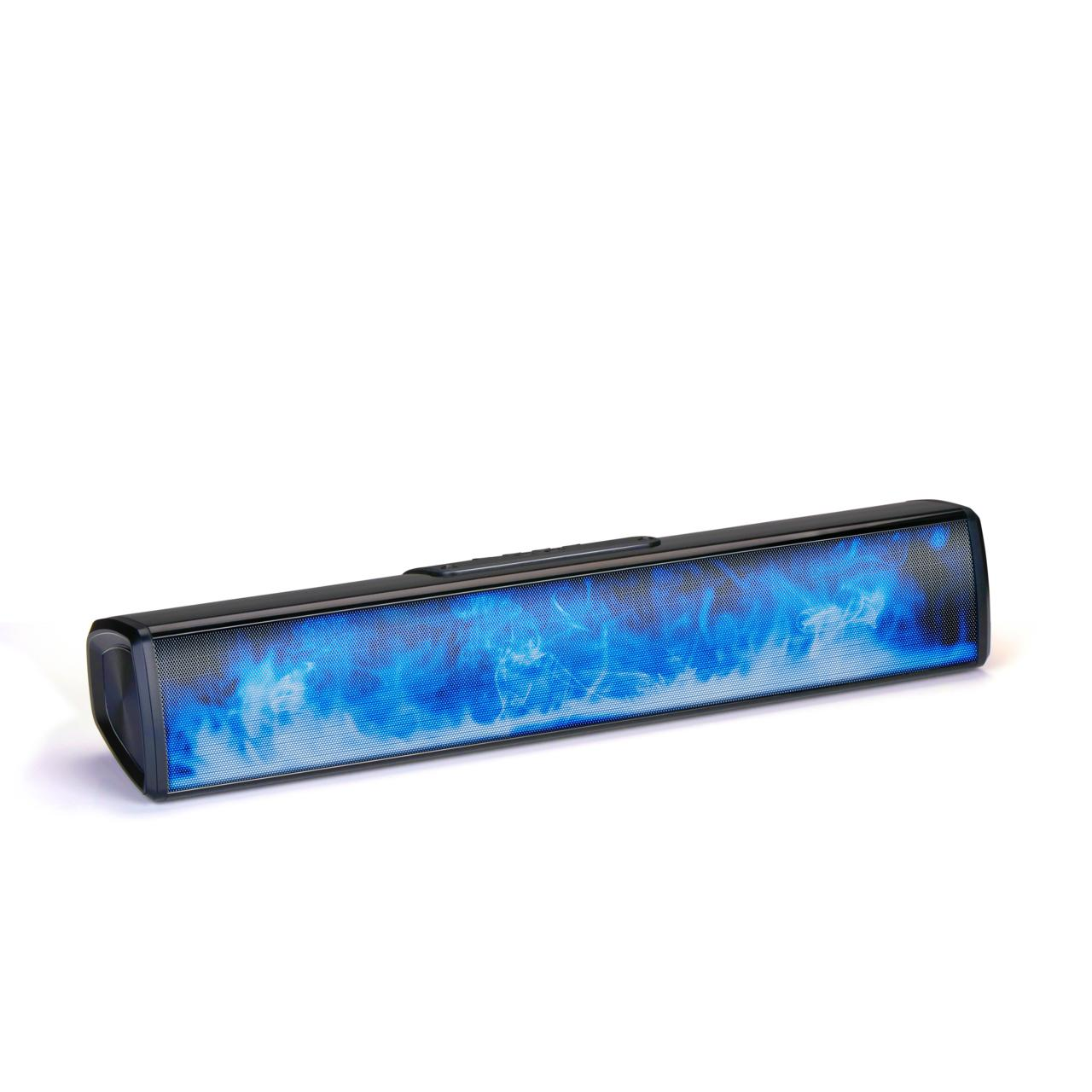 Zwarte soundbar met blauw lichteffect, het licht lijkt op water.