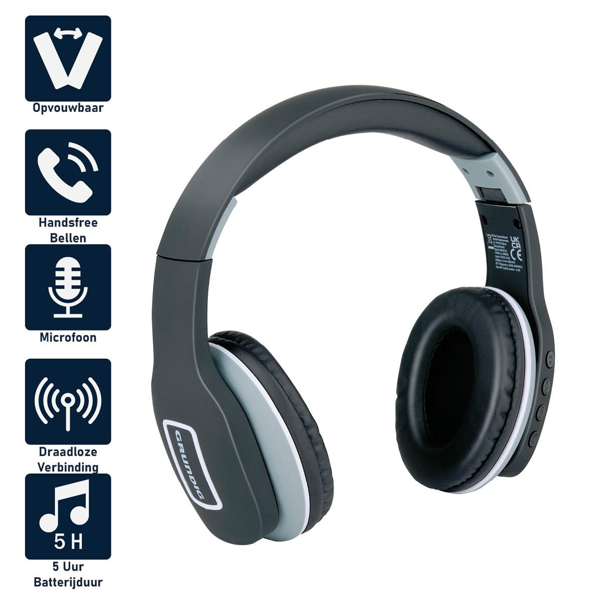 Graue und silberne Grundig-Kopfhörer mit On-Ear-Bedienelementen, faltbarem Design und beworbenen Funktionen auf Weiß.