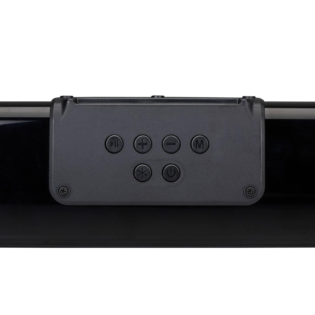 Zwarte soundbar met bedieningsknoppen.