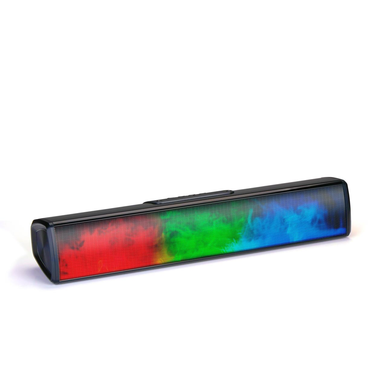 Een zwarte soundbar met rode, groene en blauwe lichten op een witte achtergrond.