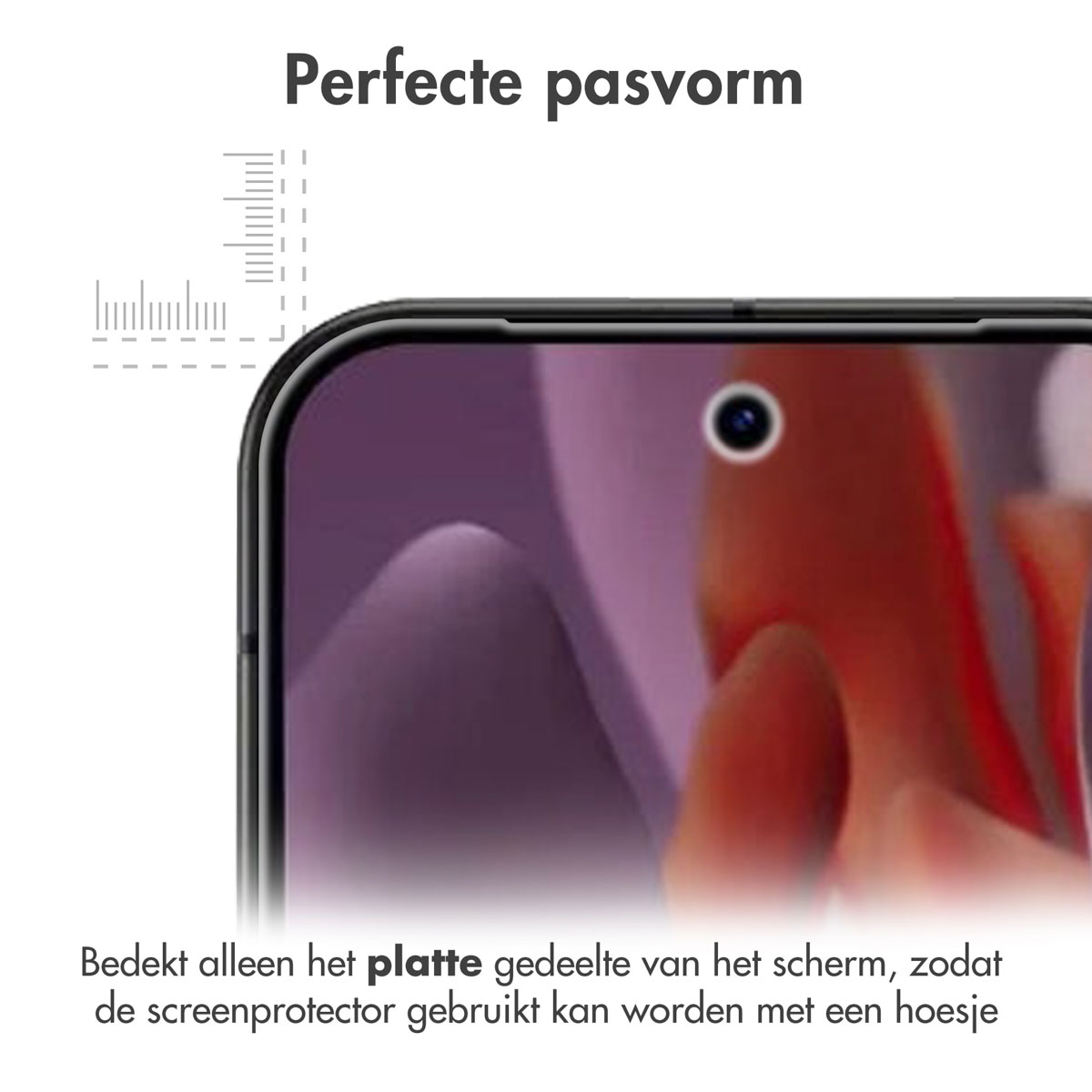 Close-up van een schermbeschermer op een apparaat, waarbij de precieze pasvorm op het vlakke schermgedeelte wordt benadrukt.