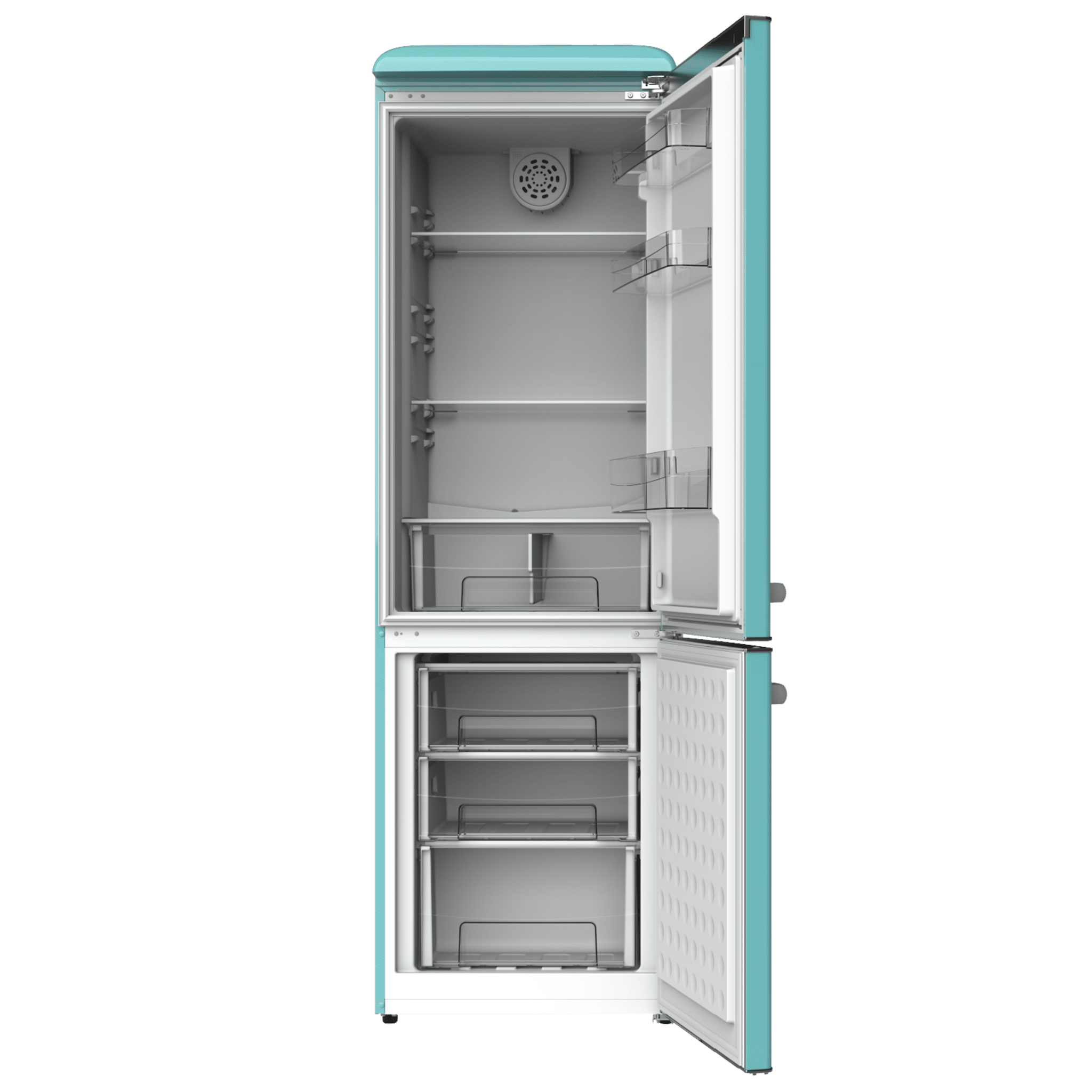 Un refrigerador de estilo retro color turquesa con las puertas abiertas, revelando estantes y cajones.