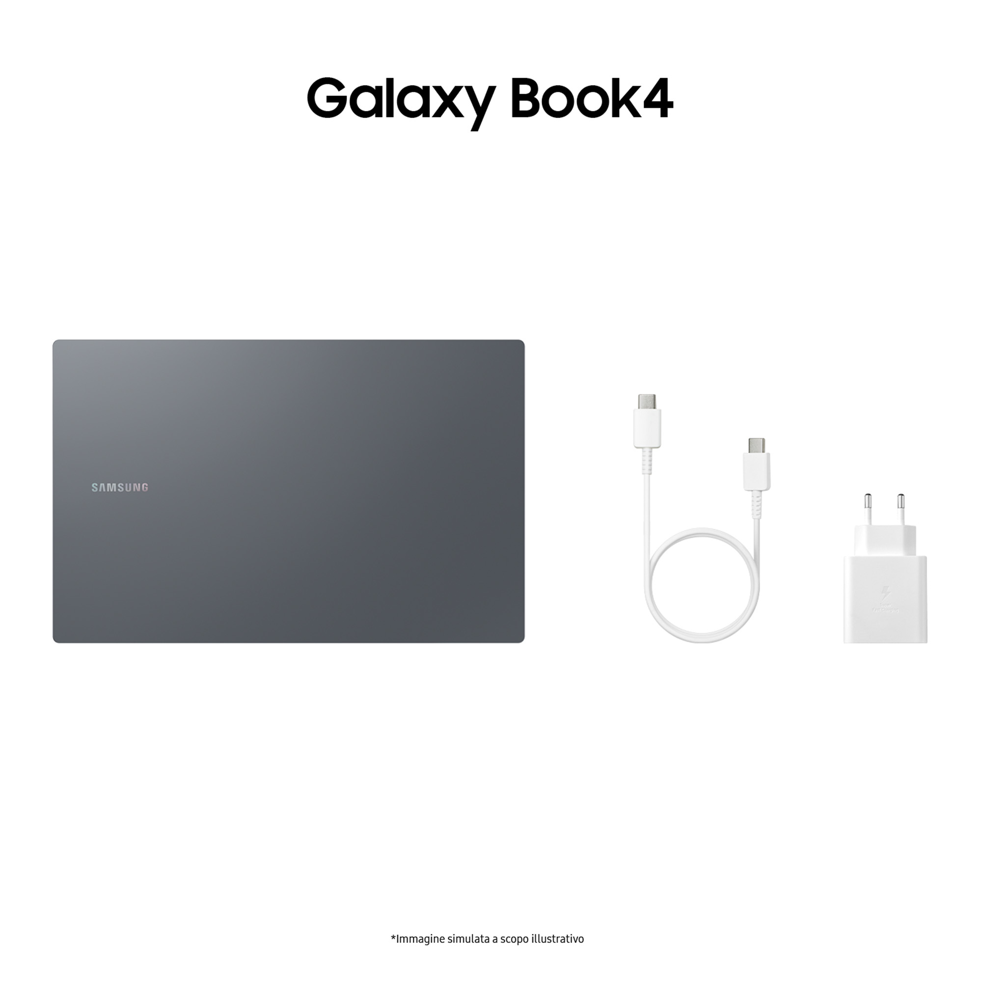 Set Samsung Galaxy Book4: laptop, caricabatterie e cavo. Tutto su una superficie bianca. Testo: "Galaxy Book4".