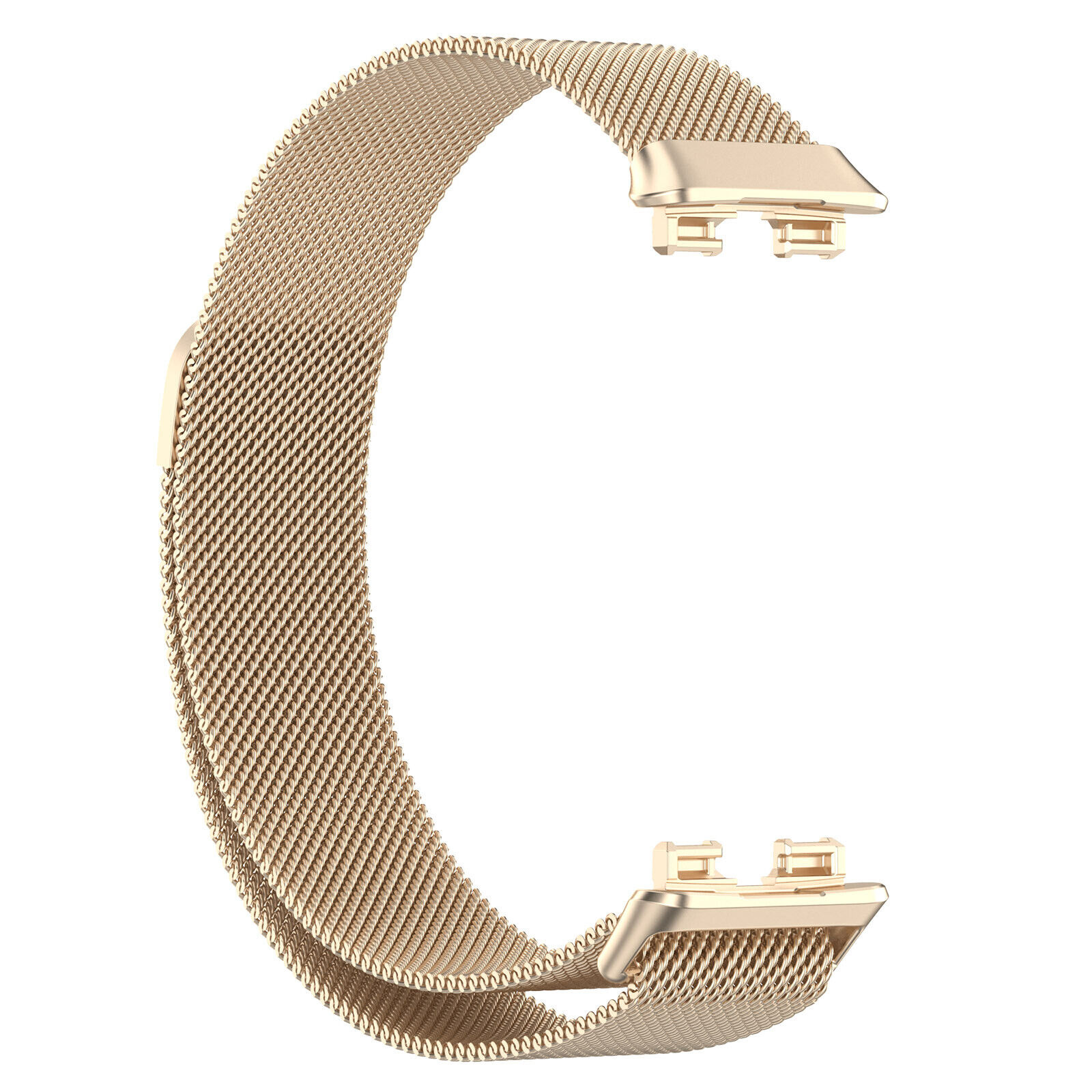 Ein goldfarbenes Mesh-Uhrenarmband. Das Armband hat zwei Metallanschlüsse.