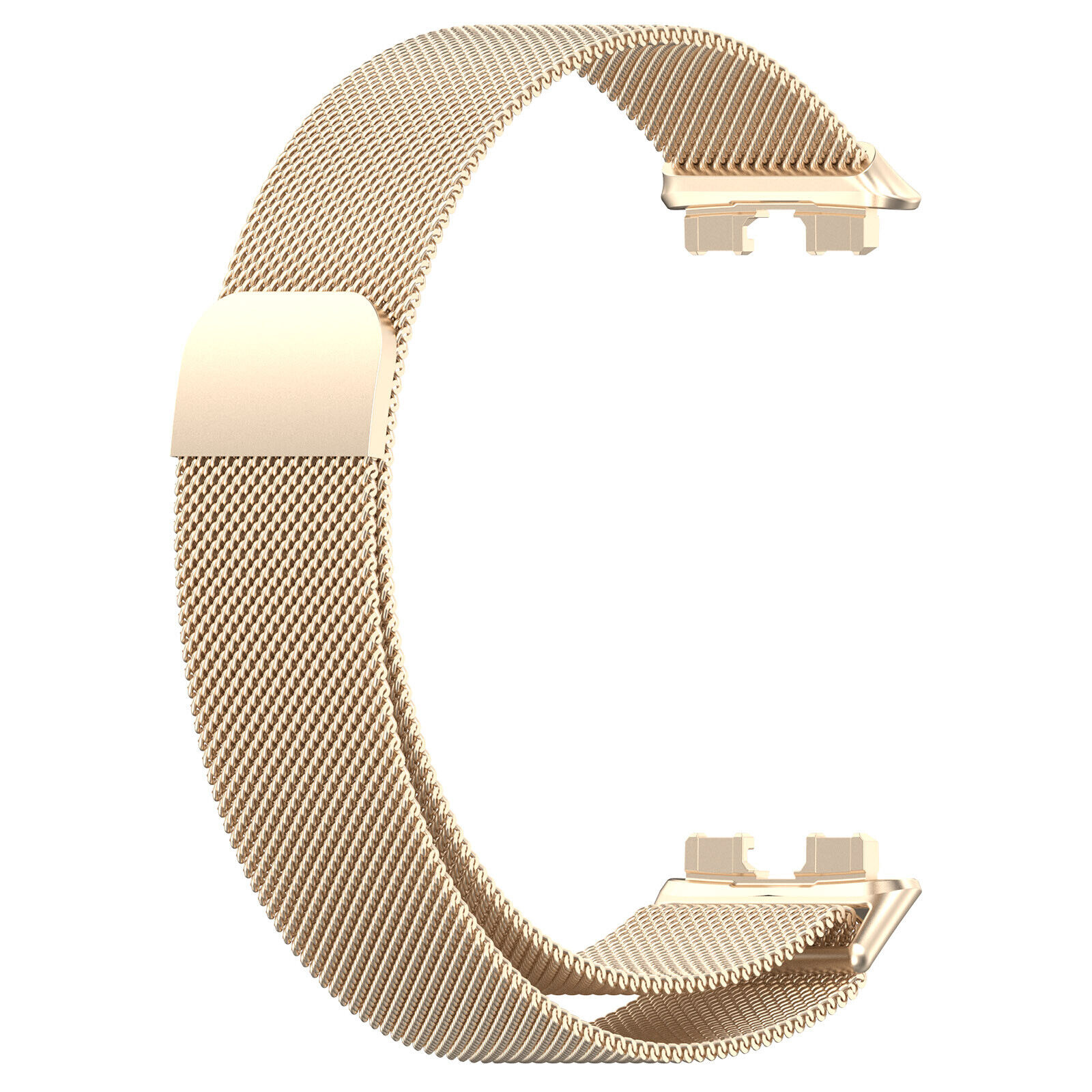 Goldenes Uhrenarmband. Es ist ein Mesh-Design mit einem Verschluss und zwei Befestigungspunkten.