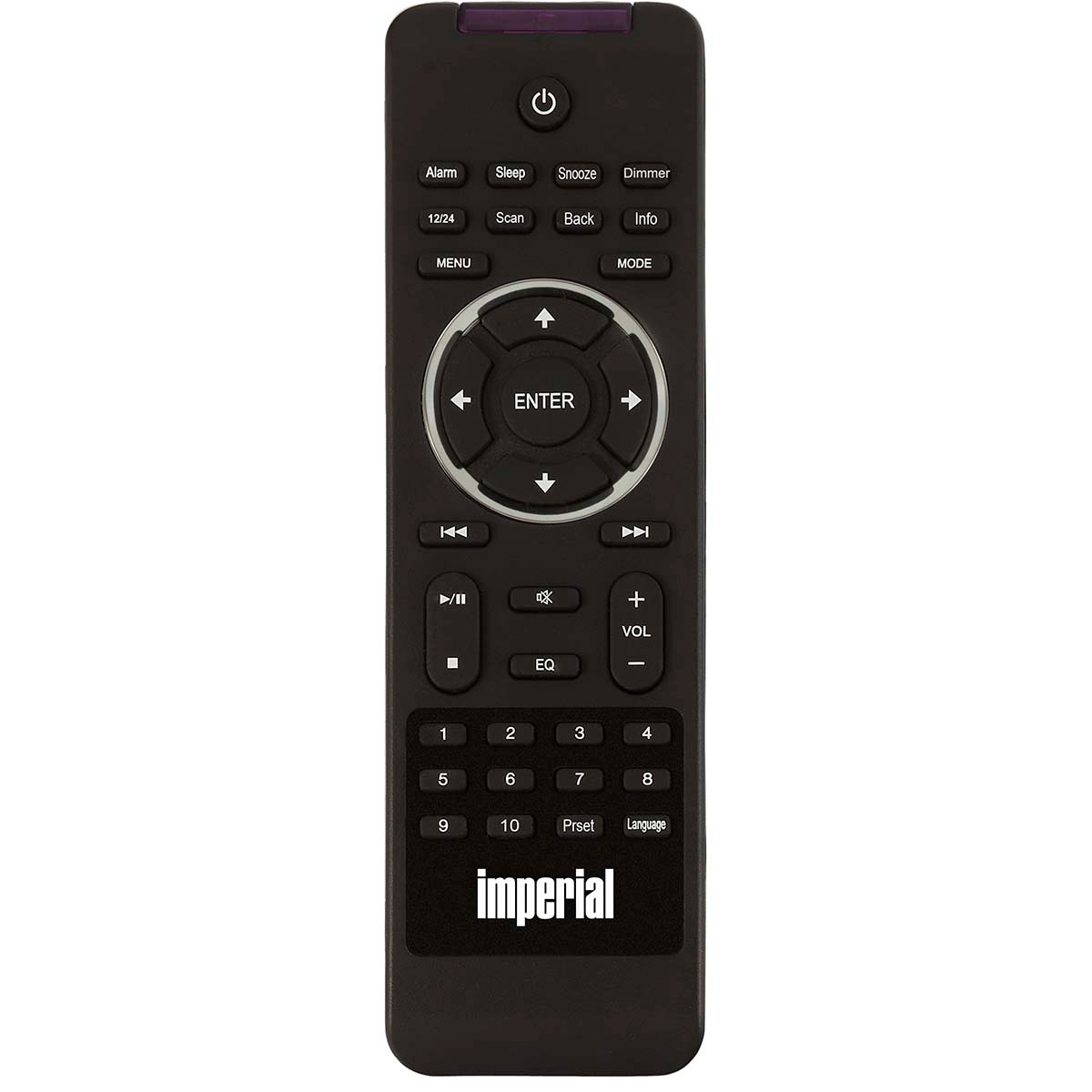 Czarny pilot z przyciskami. Tło jest białe. Marka to "imperial". 