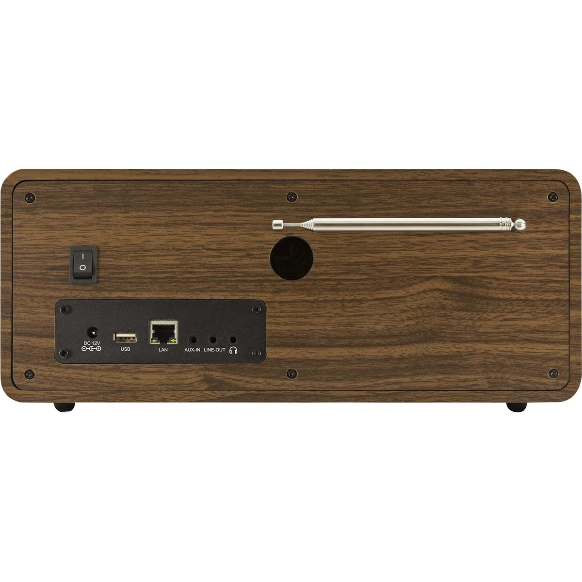 Drewniane radio w stylu retro z różnymi portami wejściowymi, przyciskiem zasilania i anteną.