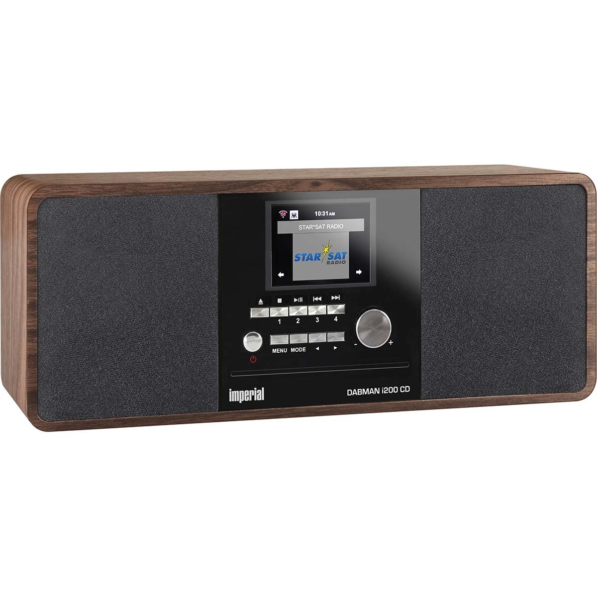 Ein braunes Holzradio mit schwarzem Bildschirm, der Radioinformationen anzeigt.
