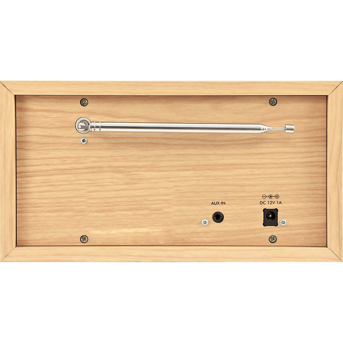 Tył drewnianego radia. Posiada antenę, wejście aux i wejście DC.