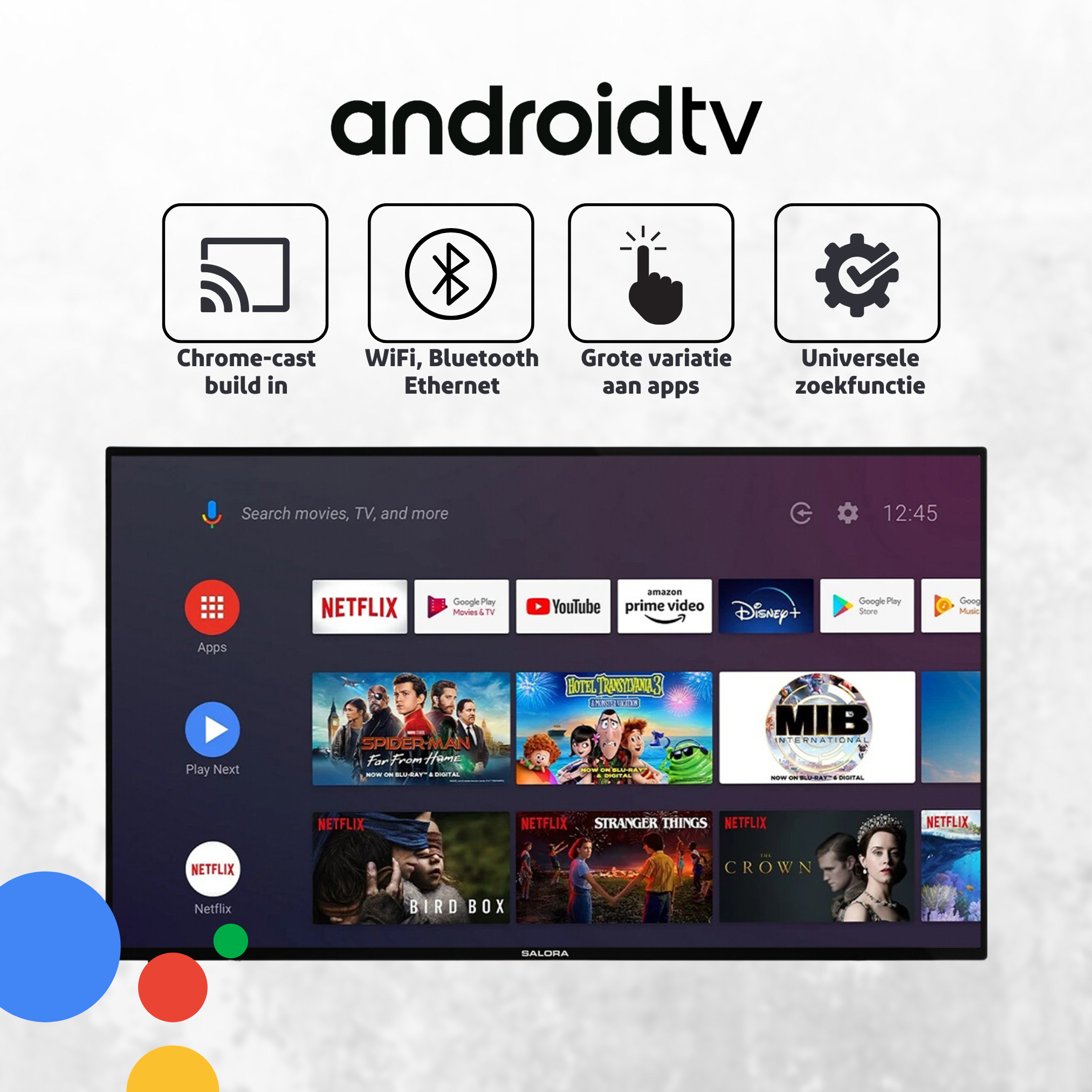 Une TV Android avec des icônes d'applications, Netflix, Disney+ et plus, avec un cercle bleu et rouge.