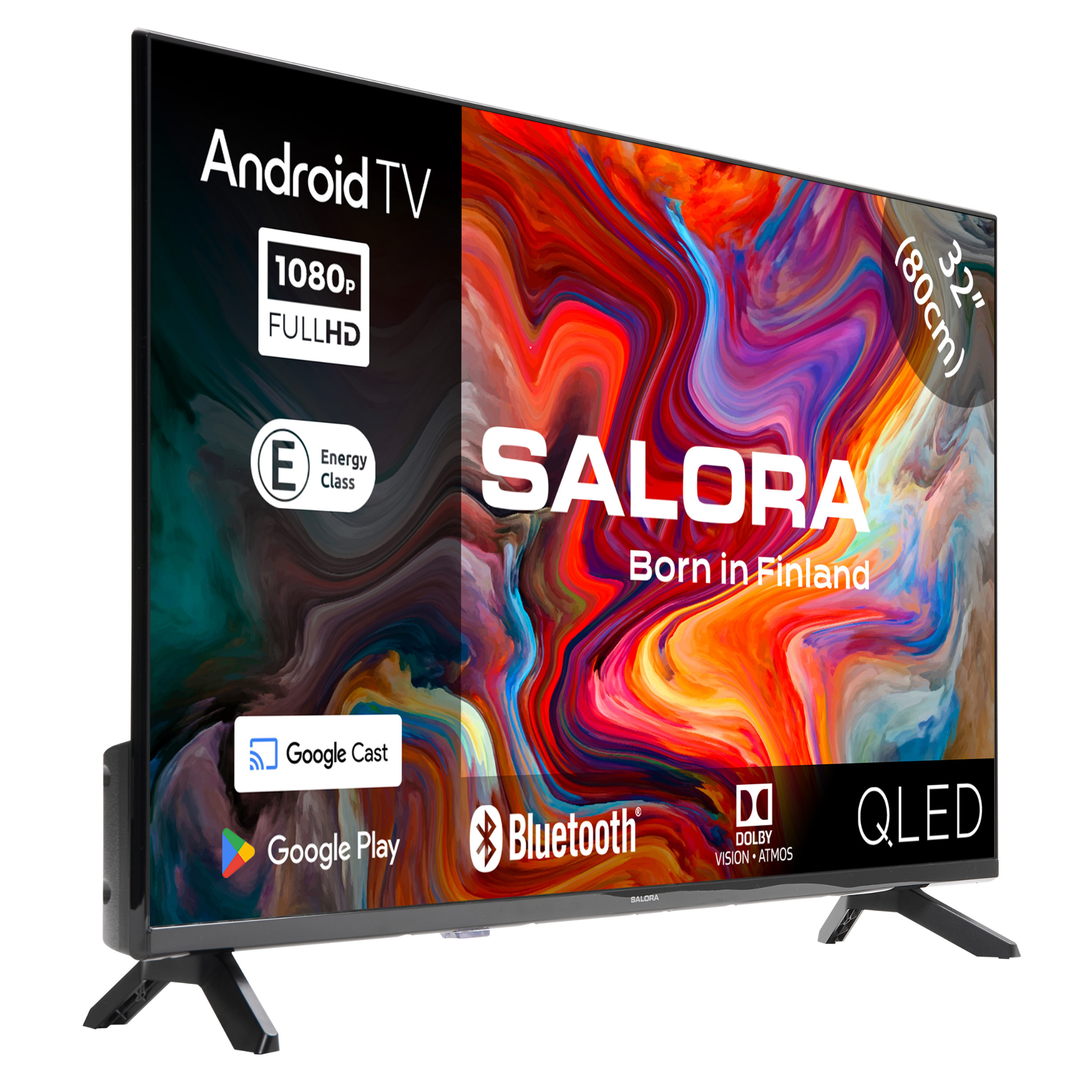 TV Android Salora 32 pouces avec fond abstrait coloré. Logos Google Play et Bluetooth visibles.