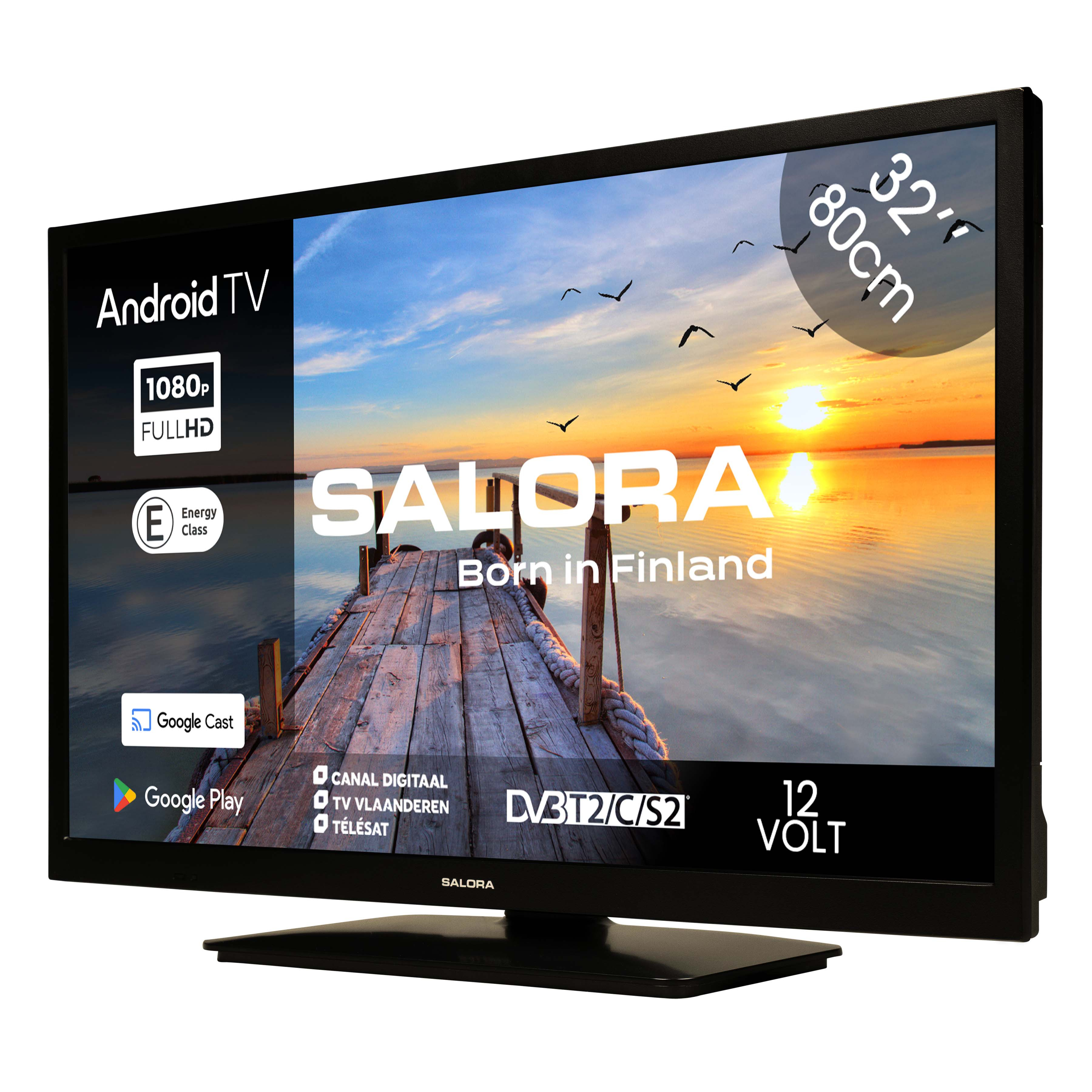 Télévision montrant une scène de lac. Elle a un cadre noir et repose sur son socle.