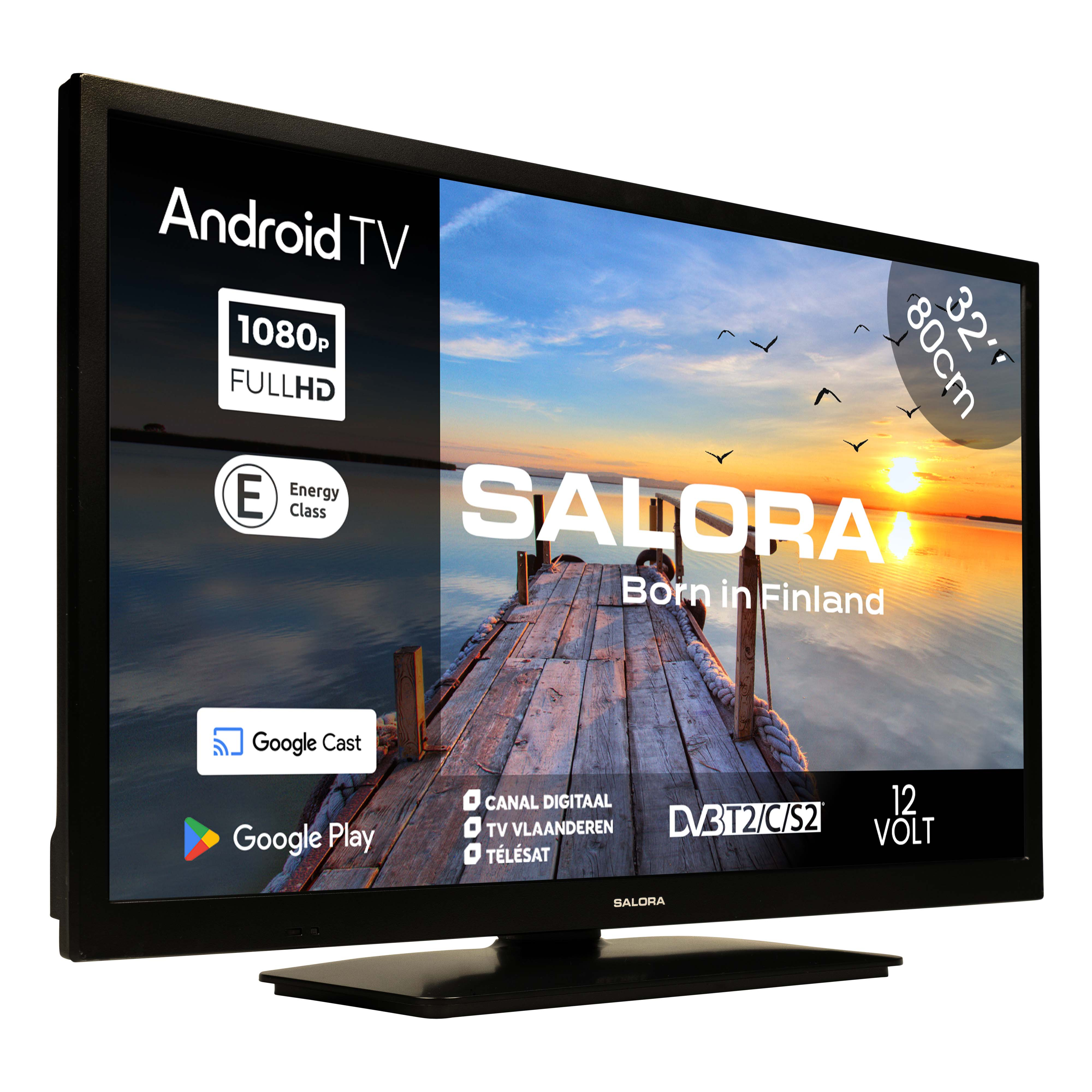 Un téléviseur Android Salora affichant une scène de jetée au coucher du soleil sous un ciel bleu avec des oiseaux.