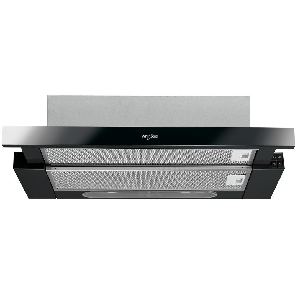 Una cappa Whirlpool nera vista dal basso, mostra filtri e un design elegante, su sfondo bianco.