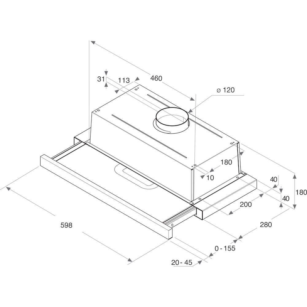 Un disegno tecnico di una cappa con dimensioni in millimetri, inclusi dettagli di altezza, larghezza e profondità.