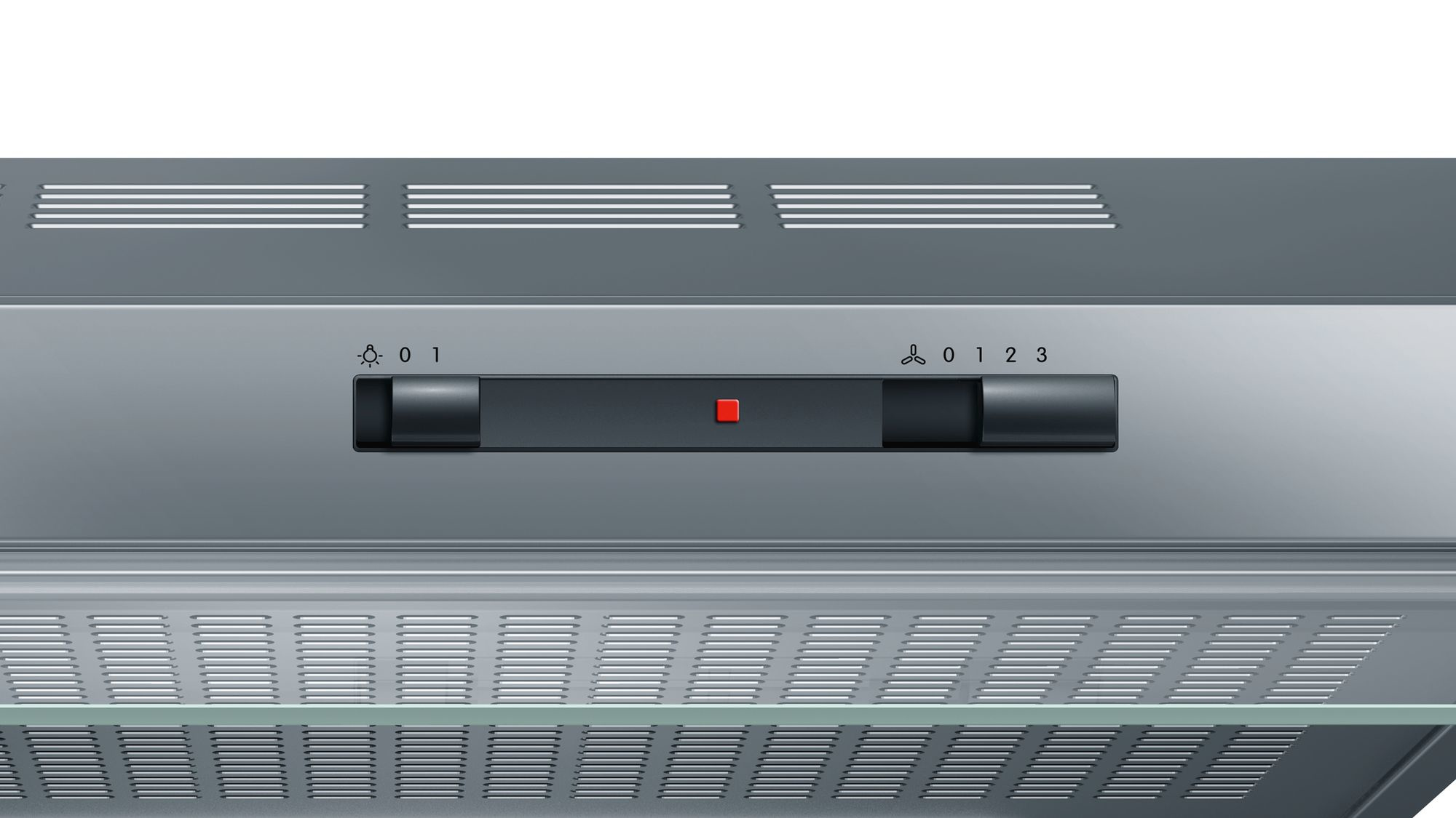 Zbliżenie srebrnego panelu sterowania okapu z przyciskami i światłami.