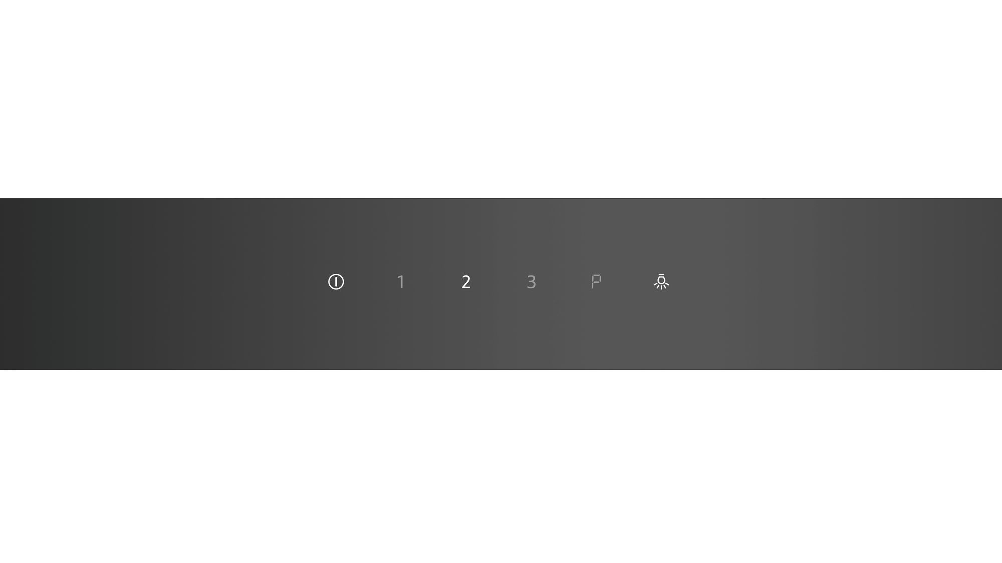 A black control panel with 5 symbols. Symbols are for power, numbers, and light.