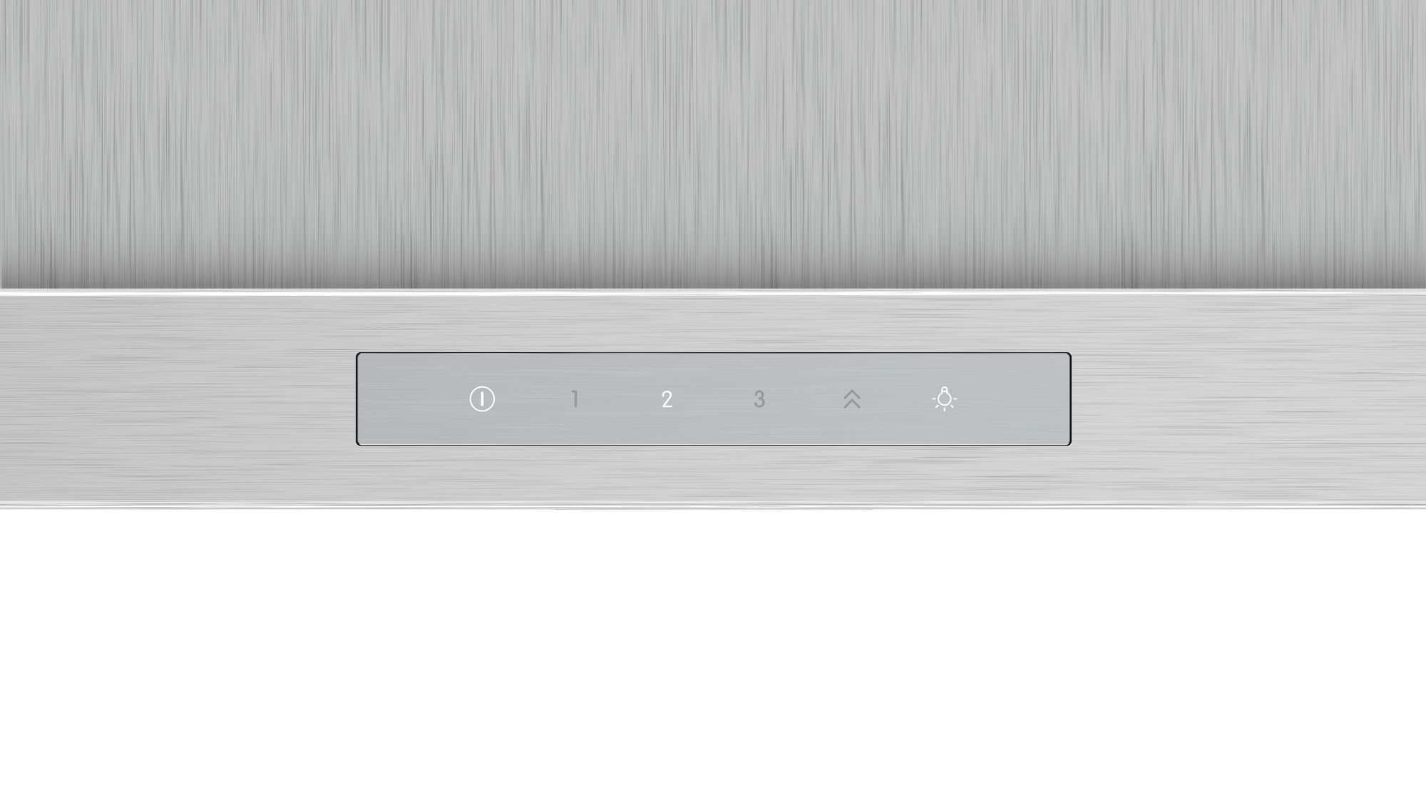 Primer plano de una superficie de metal cepillado con panel de control, que muestra iconos de encendido, velocidad del ventilador y luz.