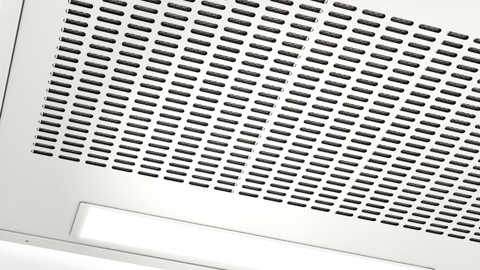 Biały panel sufitowy z wieloma małymi, prostokątnymi otworami i paskiem świetlnym.