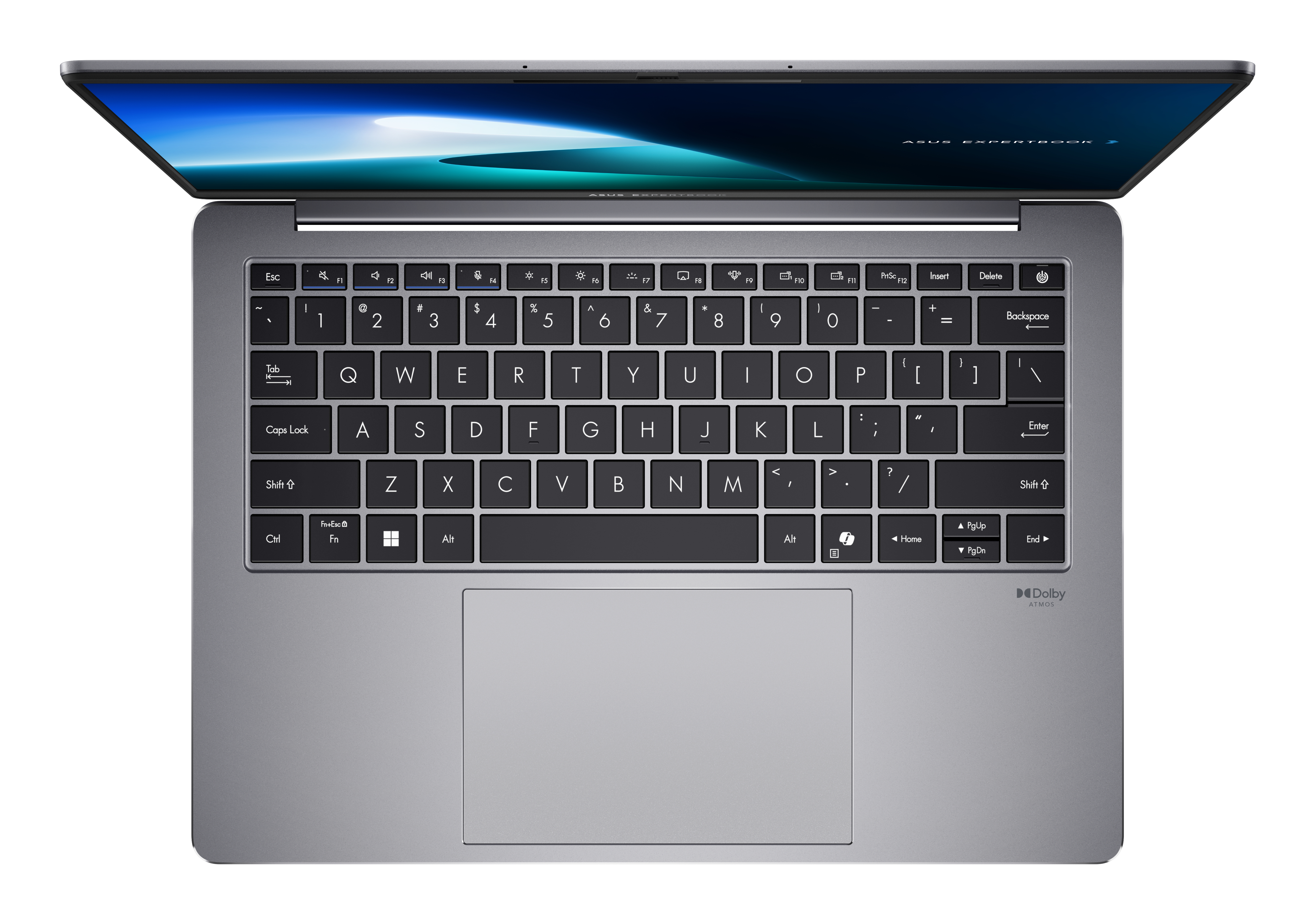 Draufsicht auf ein geöffnetes Laptop, Tastatur und Touchpad sichtbar.