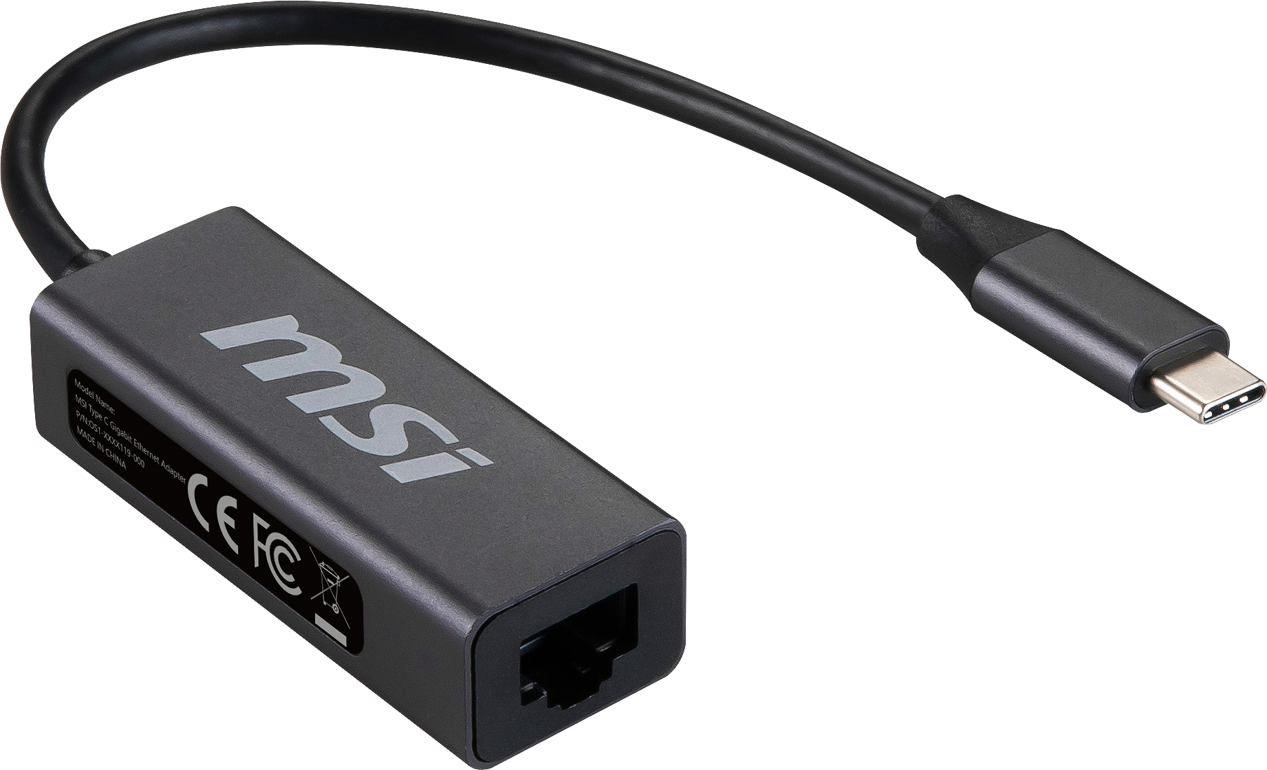 Adattatore da USB-C a Ethernet MSI grigio. È un piccolo rettangolo con porta Ethernet.