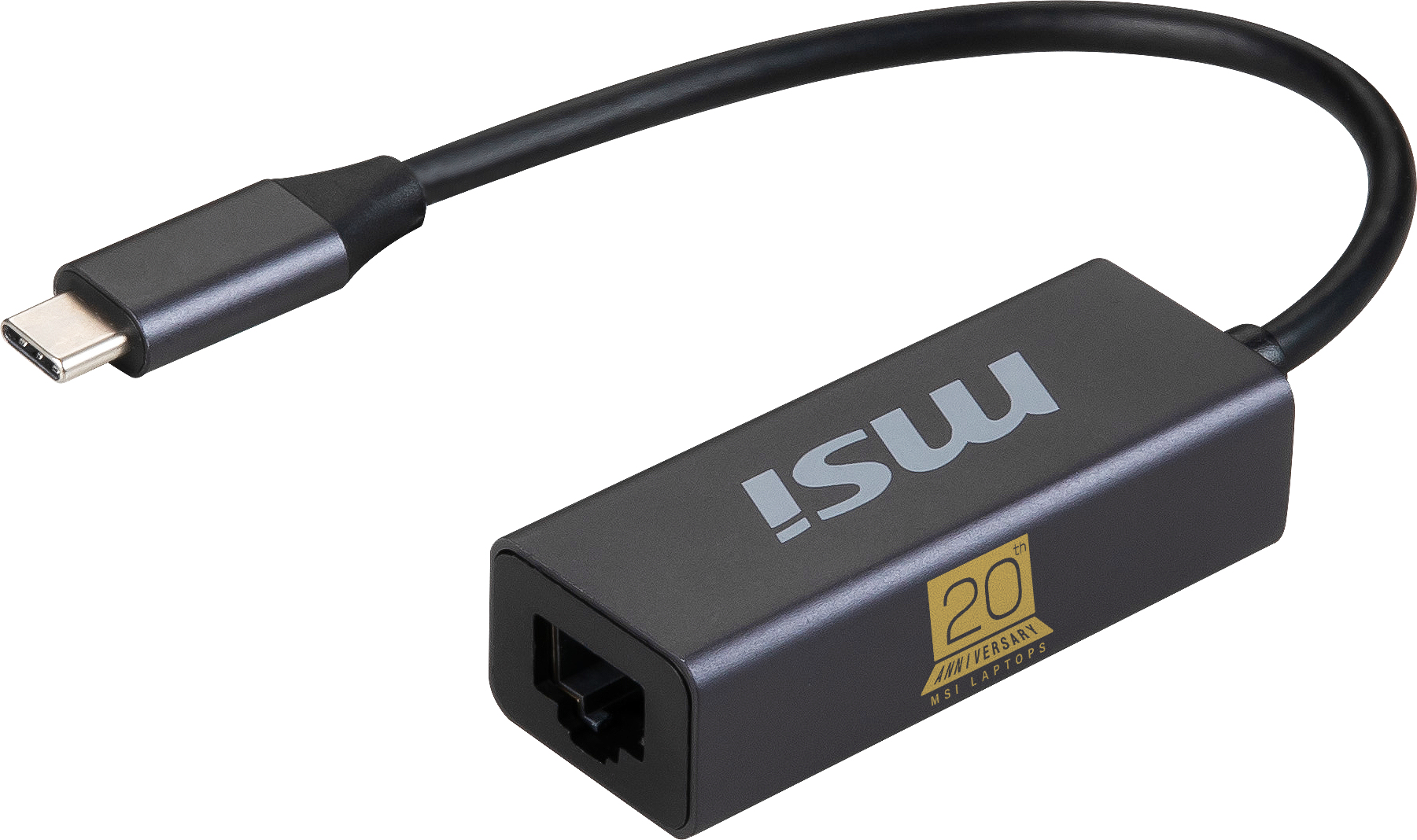 Un adattatore da USB-C a Ethernet nero. Ha un logo MSI e un marchio del 20° anniversario.