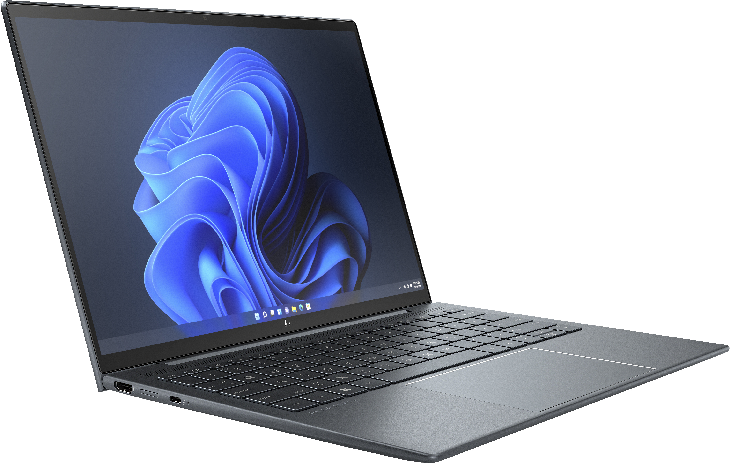 Donkergrijze laptop met open scherm, schuine weergave, op wit oppervlak.