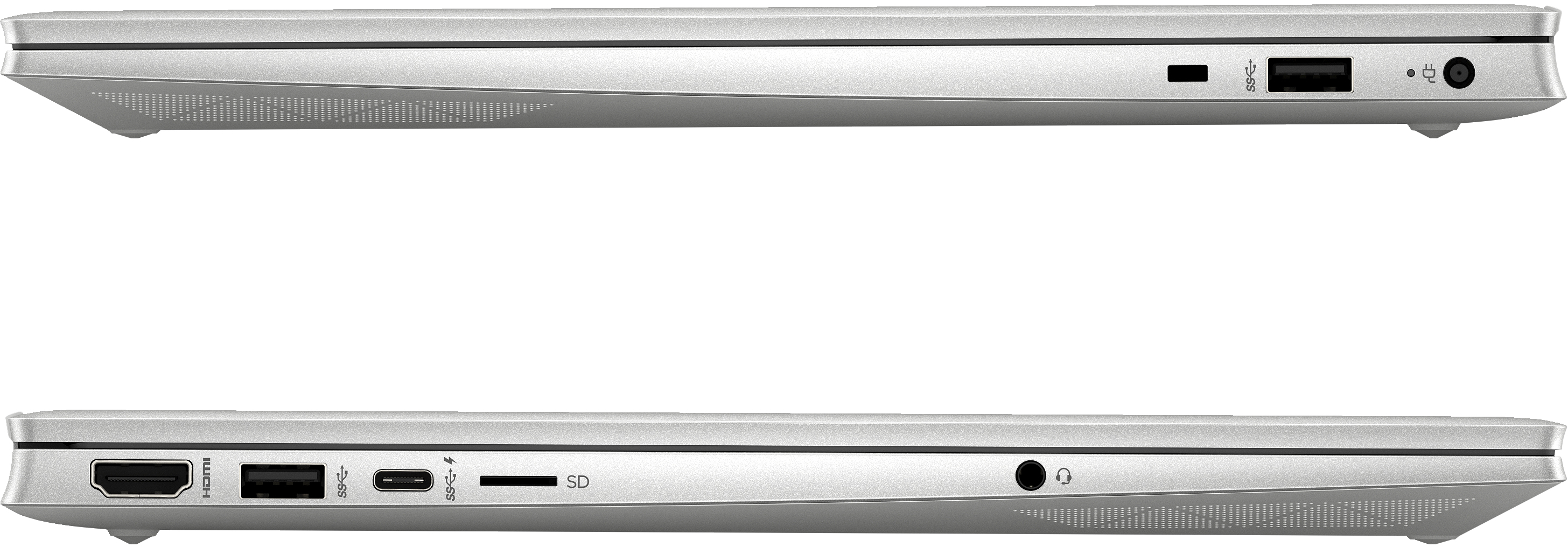Due lati di laptop, che mostrano le porte: USB, HDMI e jack audio. I laptop sono argentati.