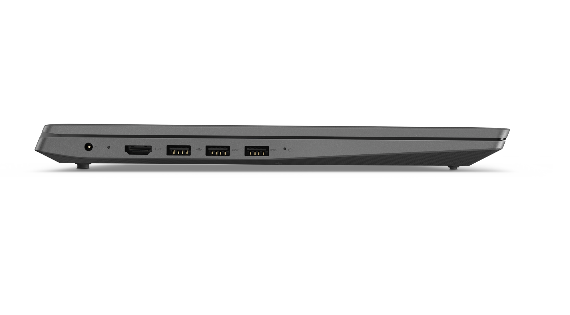 Un laptop grigio con porte sul lato, tra cui HDMI e USB.
