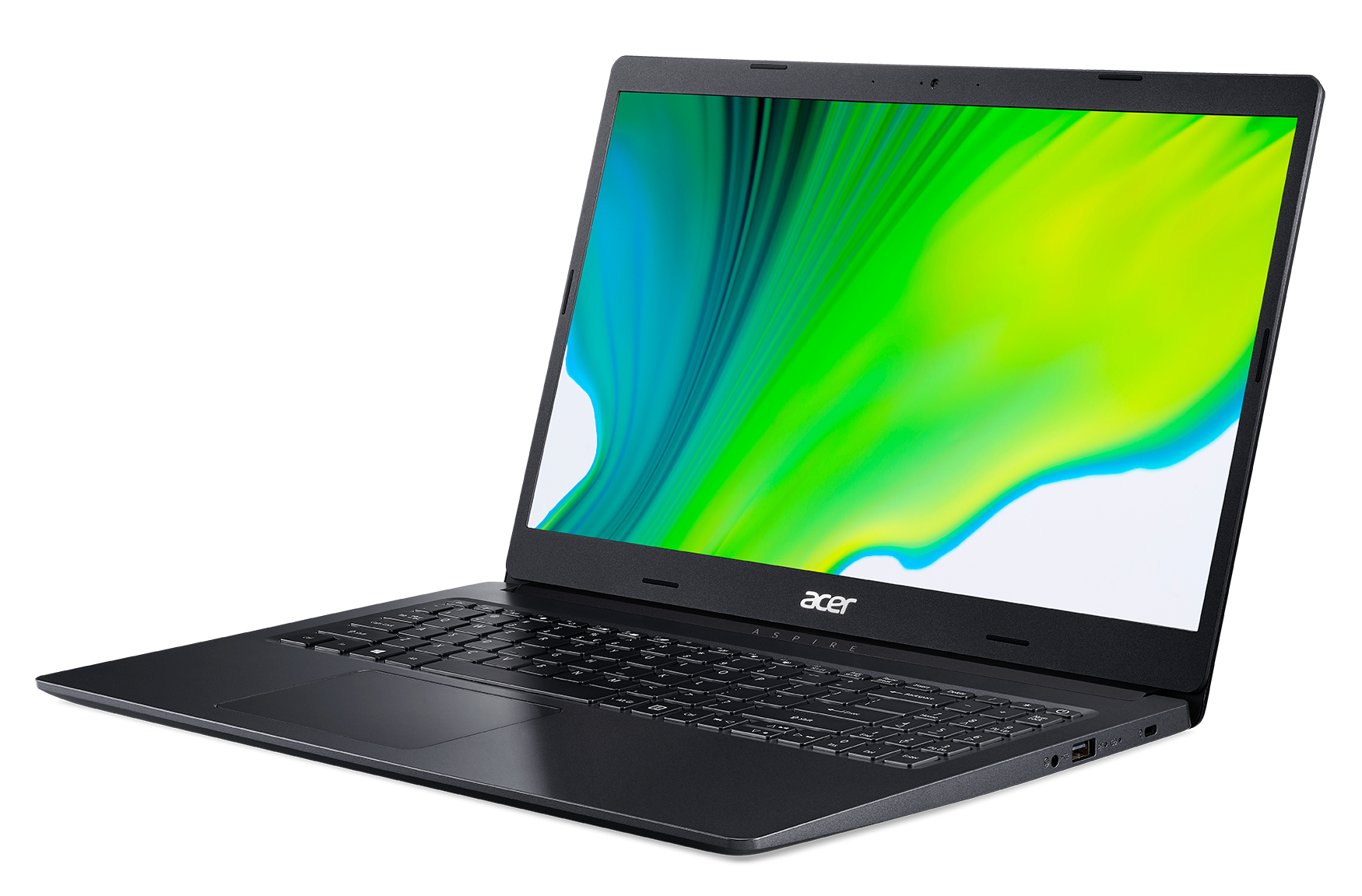 Un laptop Acer Aspire nero aperto su sfondo bianco. Lo schermo mostra una sfumatura verde e blu.