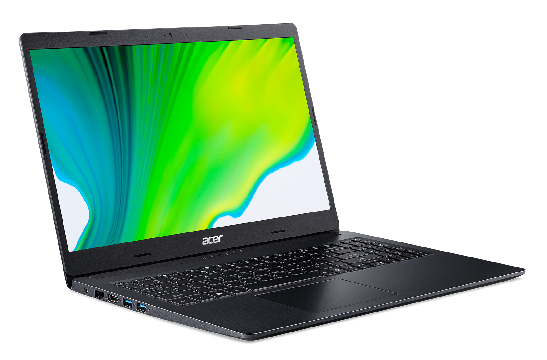 Laptop Acer nero aperto, con tastiera e schermo con design verde e blu.