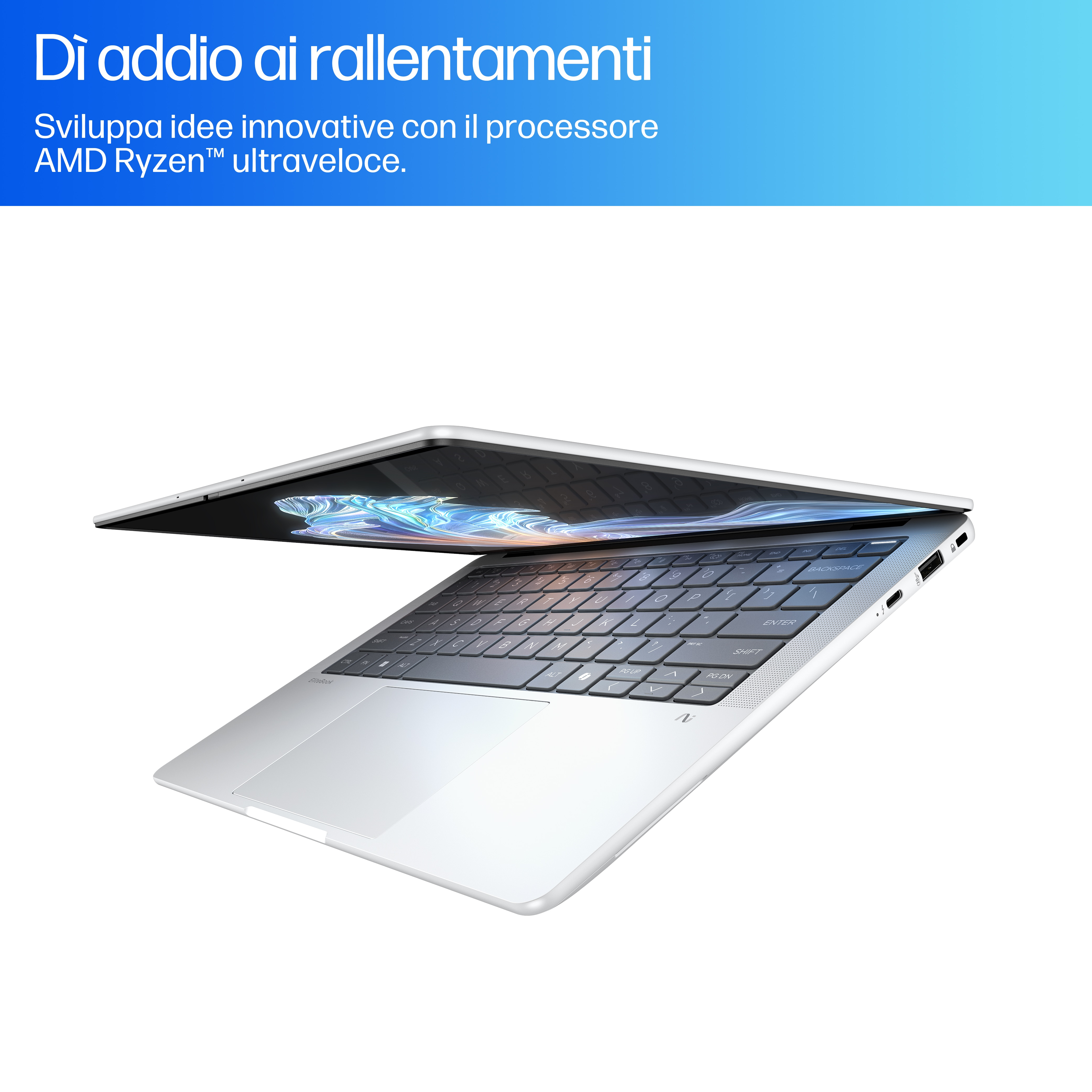 Laptop con schermo aperto che mostra un design digitale, tastiera visibile. Schema di colori bianco e argento.
