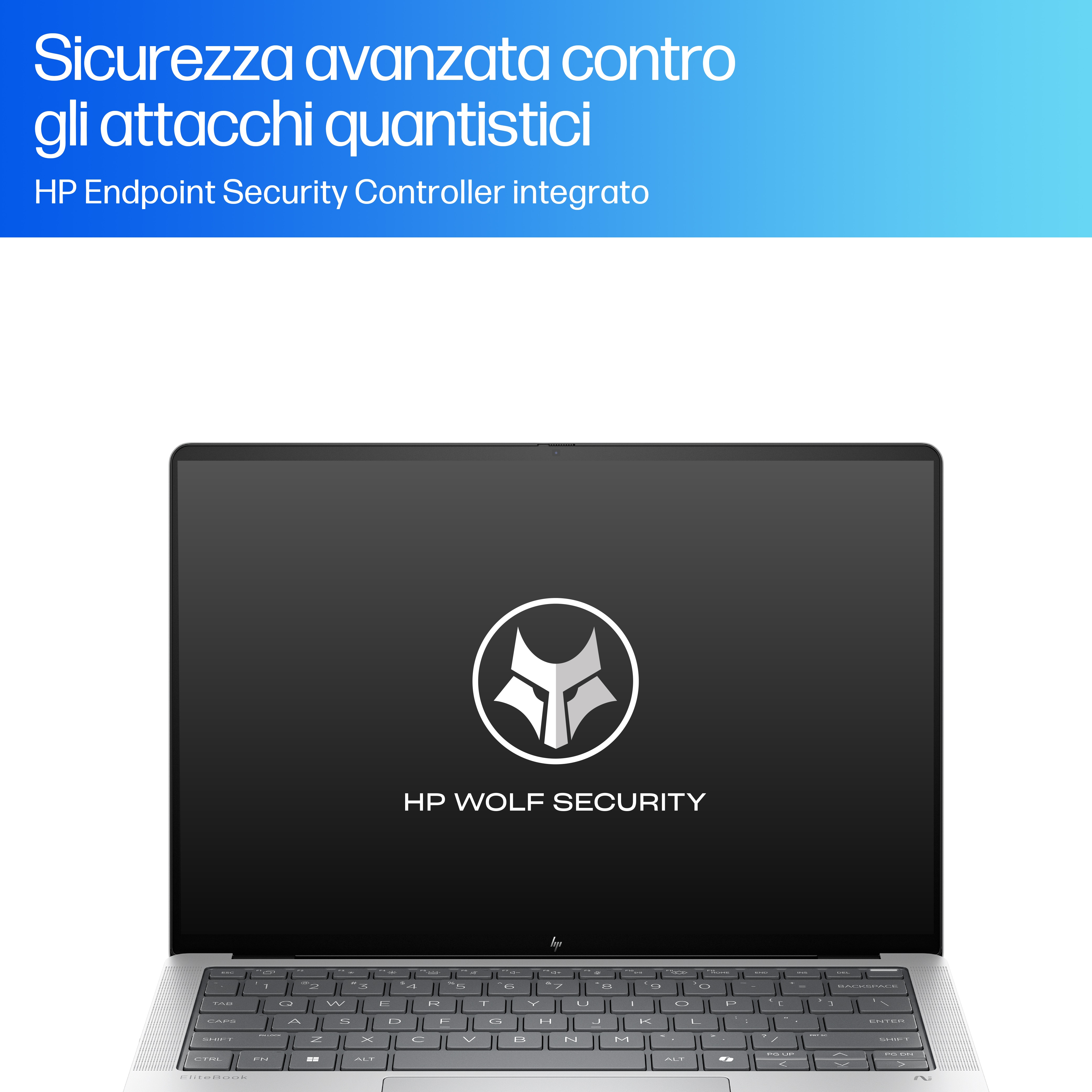 Schermo del laptop con logo HP Wolf Security, sfondo bianco e testo: Sicurezza avanzata contro gli attacchi quantistici.